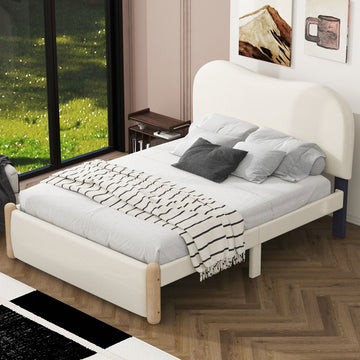 Full Size Upholstered Platform Bed With Wood Supporting Feet, Beige Box Spring Not Required Full Beige Bedroom Bed Frame Upholstered