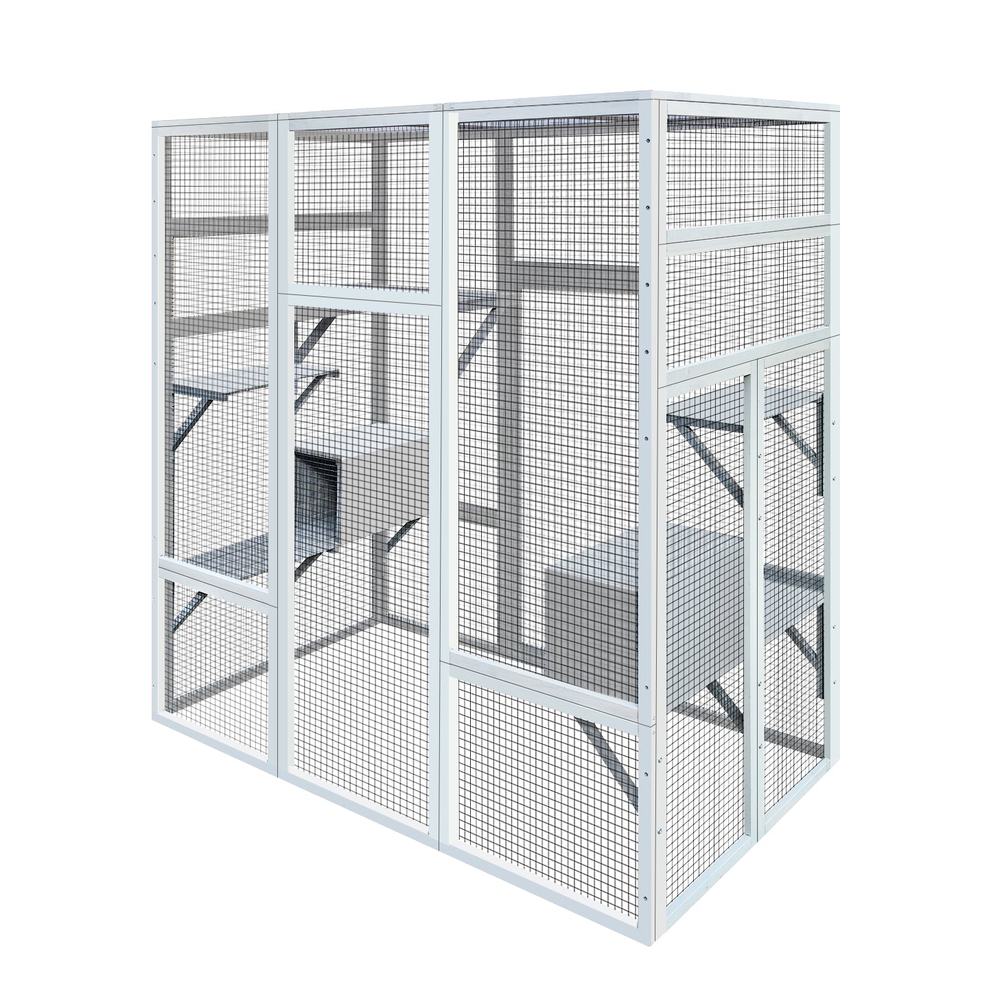 62.6" Wooden Cat House Large Catio, Solid Wood Cat Cage Shelter Enclosure Playpen With Anti Uv& Waterproof, 7 Platforms And 2 Resting Boxes Gray Wood