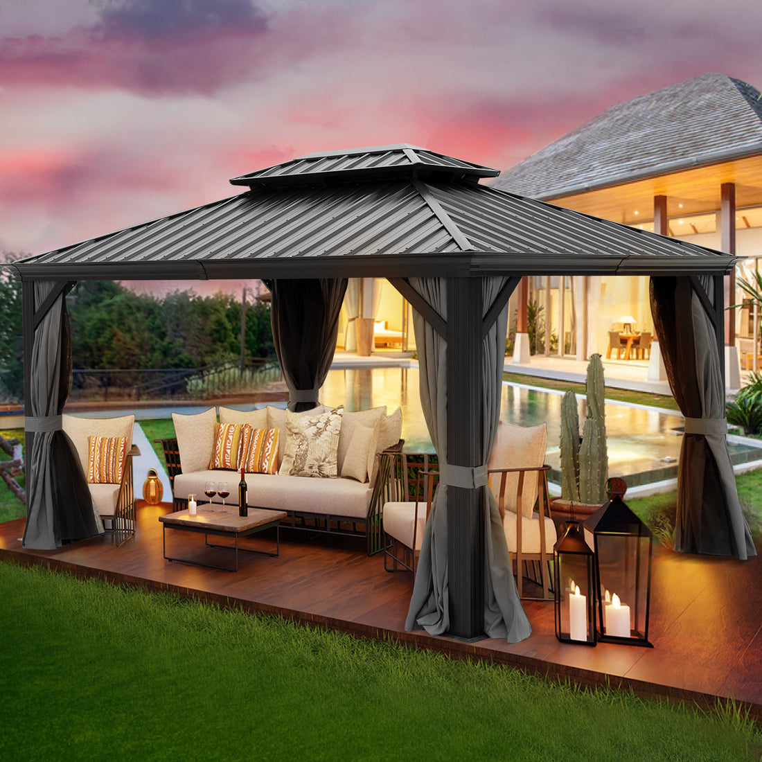 10X12Ft Hardtop Gazebo With Netting & Curtain, Black Black Rectangular Garden & Outdoor Uv Resistant Gazebos Anchored Aluminium Alloy