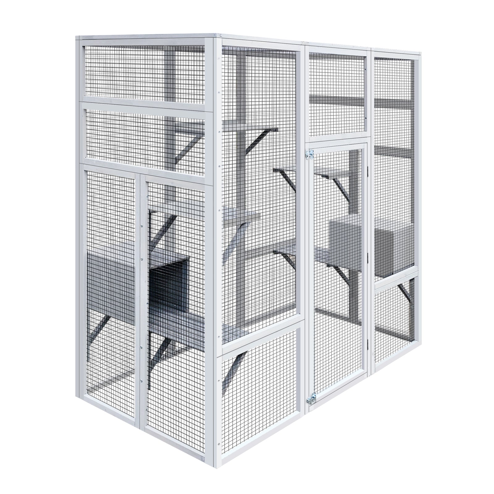 62.6" Wooden Cat House Large Catio, Solid Wood Cat Cage Shelter Enclosure Playpen With Anti Uv& Waterproof, 7 Platforms And 2 Resting Boxes Gray Wood