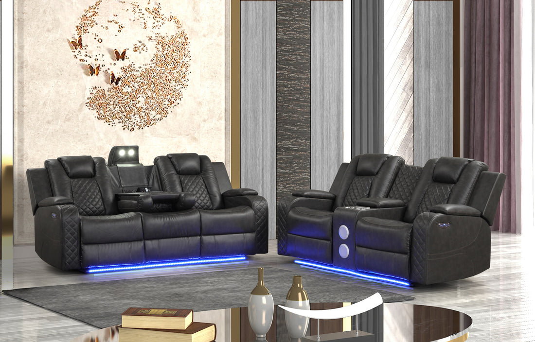 Benz Led & Power Recliner 2 Pc Made With Faux Leather In Gray Grey Faux Leather Metal Primary Living Space Medium Soft Cushion Back Contemporary,Modern Rolled Arms Solid Wood Mdf Faux Leather 5 Seat