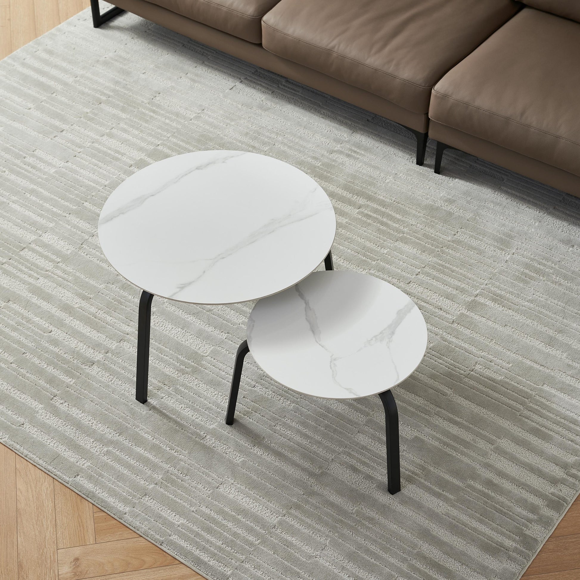 Coffee Table Nesting White Set Of 2, Side Set Black Frame Circular And Marble Tables, Living Room Bedroom Apartment Modern Simple Accent Tea Table Nightstand, Easy Assembly Black Metal Stone