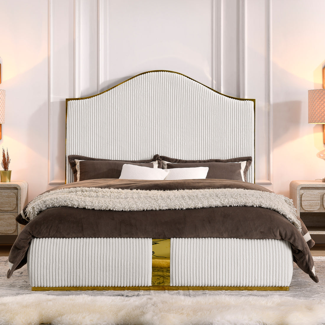 Corduroy Upholstered Bed Frame Queen Size 59.5" Tall Headboard Queen Bed Frame Metal Decoration No Box Spring Needed Box Spring Not Required Queen Beige Wood Bedroom Eucalyptus Velvet Upholstered