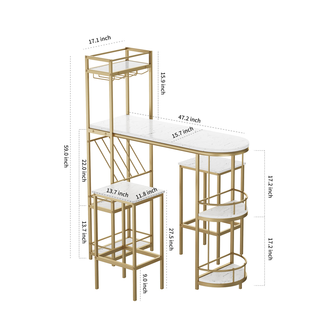3 Pcs Bar Table And Chairs Set, Modern White Kitchen Bar Height Dining Table Wood Breakfast Pub Table With Gold Base With Shelves, Glass Rack, Wine Bottle Rack ,With 2 Bar Stools White Gold Dining Room Contemporary Floor Mount Rectangular Kitchen &
