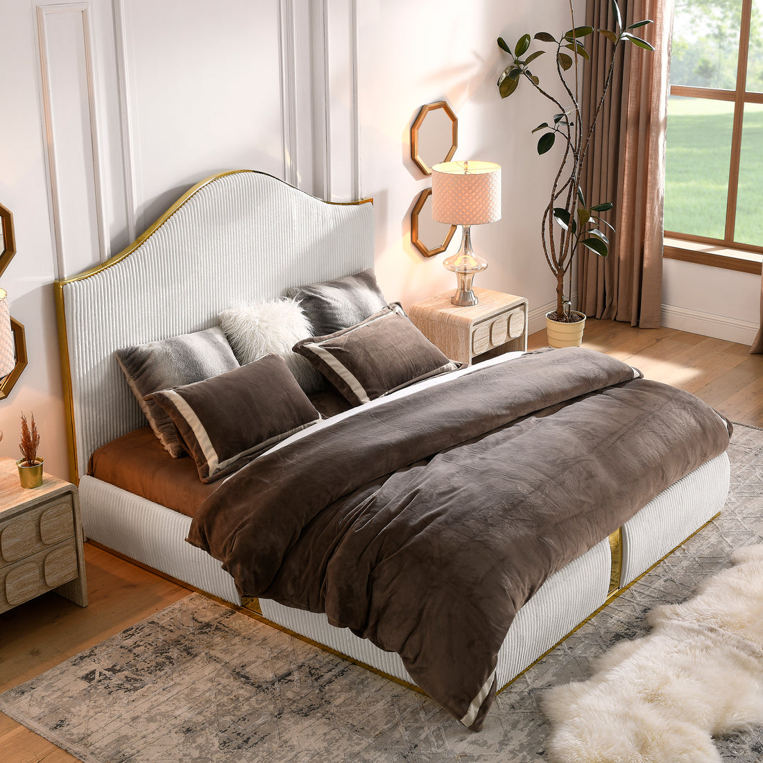 Corduroy Upholstered Bed Frame King Size 59.5" Tall Headboard Queen Bed Frame Metal Decoration No Box Spring Needed Box Spring Not Required King Beige Wood Bedroom Eucalyptus Velvet Upholstered