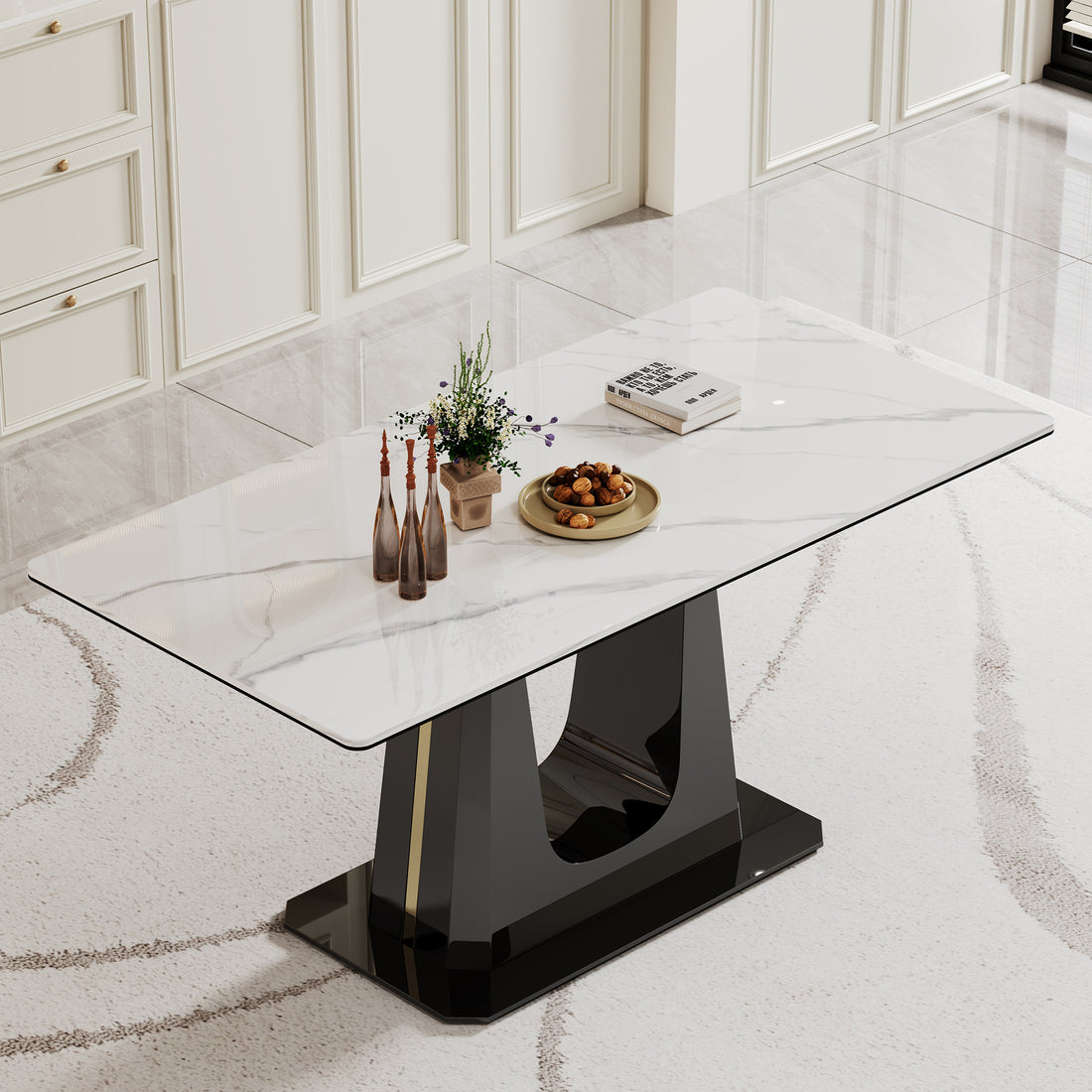 0.47" Thick Sintered Stone Composite Tempered Glass Top Rectangular Dining Table With Black Stainless Steel Base Black Sintered Stone