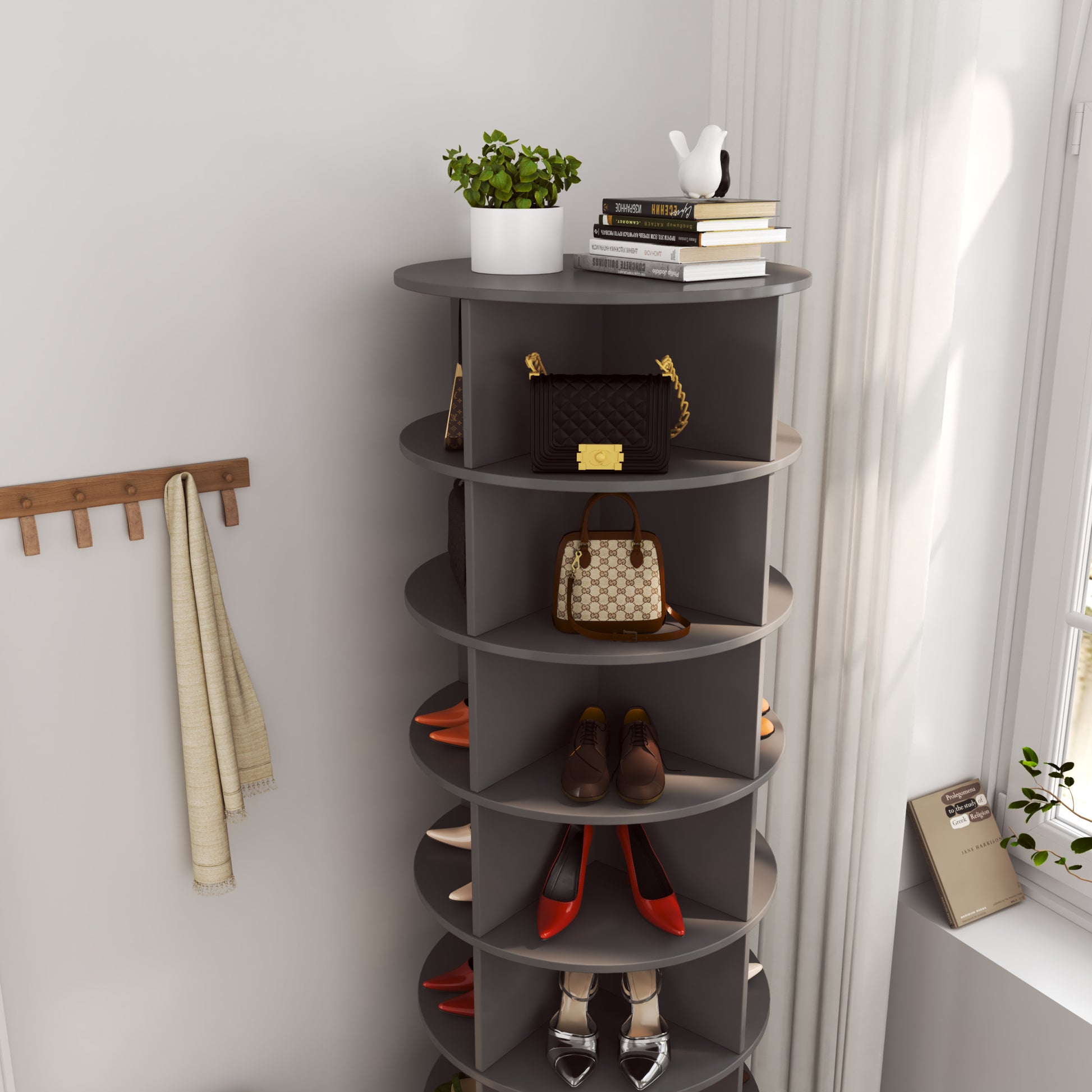 360 Gray Rotating Shoe Cabinet With 7 Layers Can Accommodate Up To 28 Paris Shoes Gray Melamine