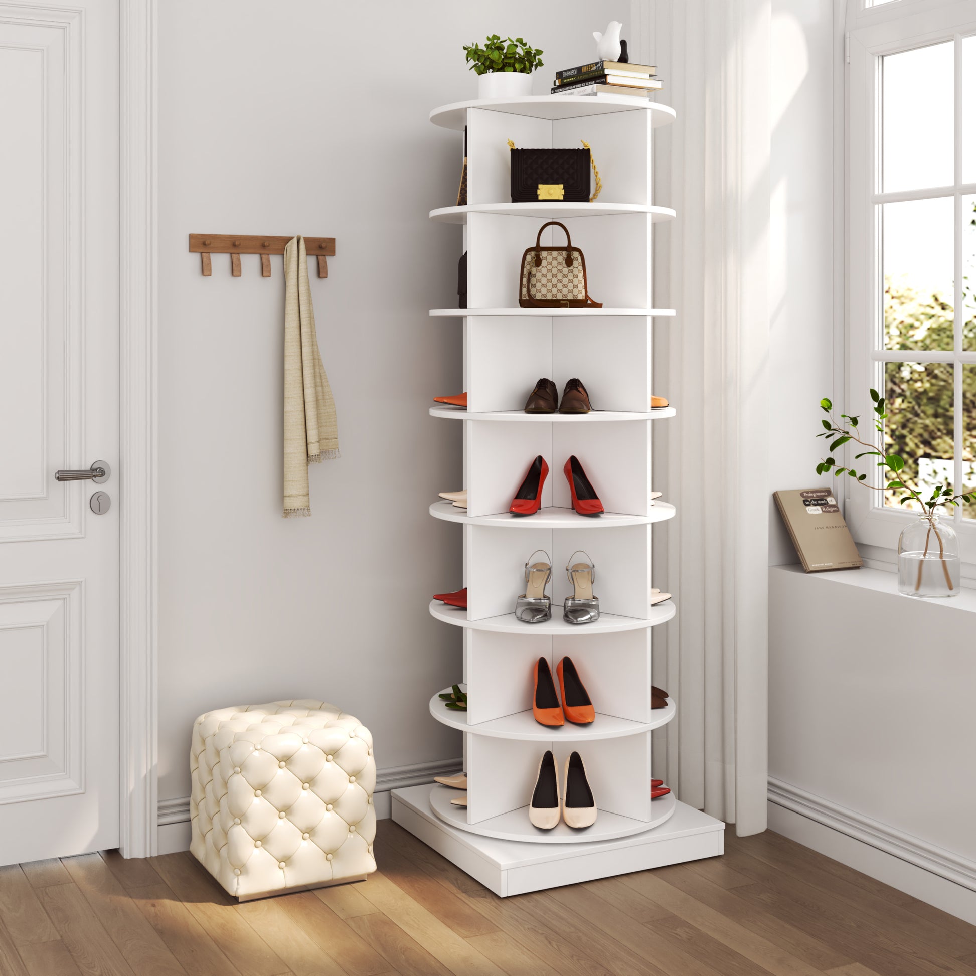 360 Rotating Shoe Cabinet 7 Layers Holds Up To 28 Paris Of Shoes White Melamine