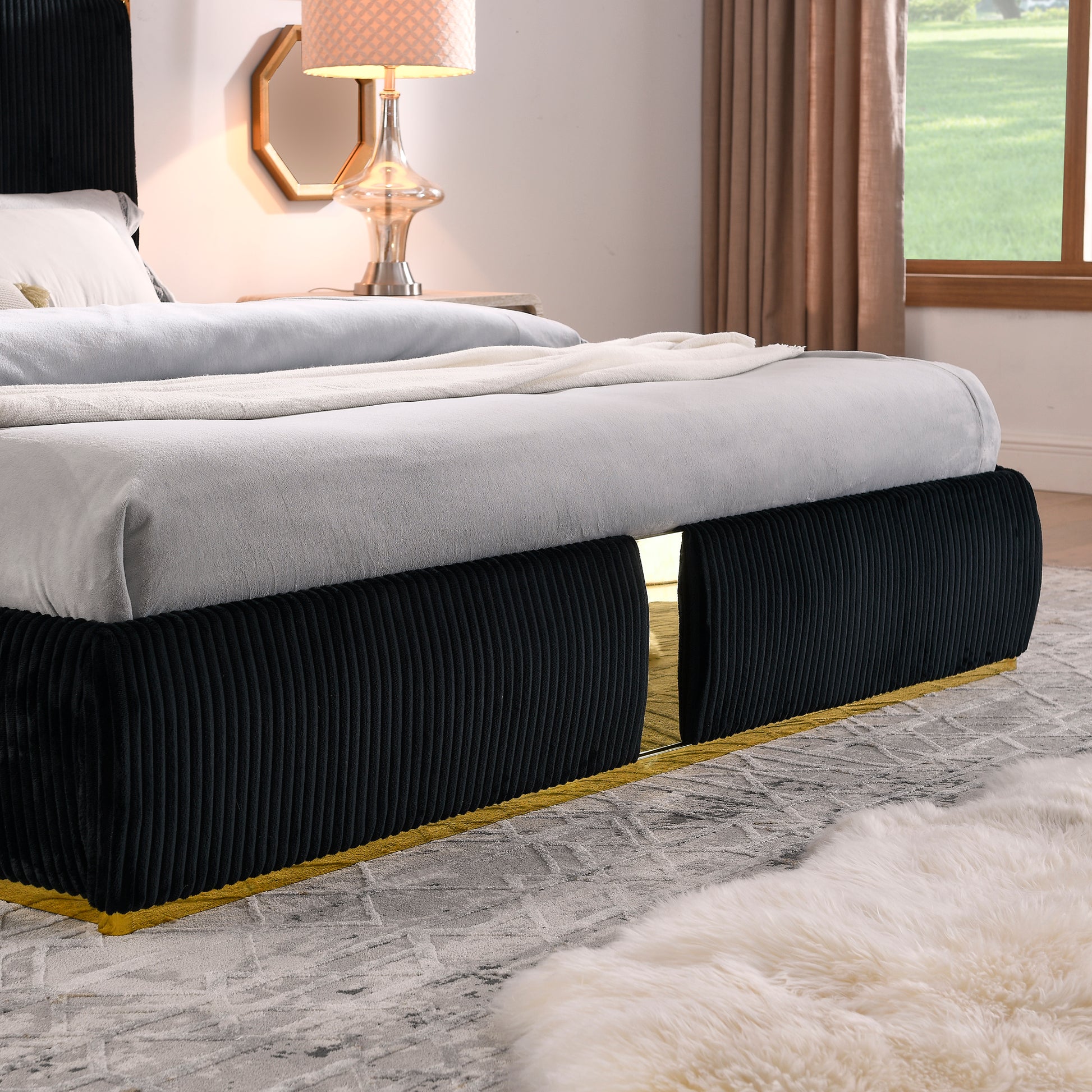 Corduroy Upholstered Bed Frame King Size 59.5" Tall Headboard Queen Bed Frame Metal Decoration No Box Spring Needed Box Spring Not Required King Black Wood Bedroom Eucalyptus Velvet Upholstered