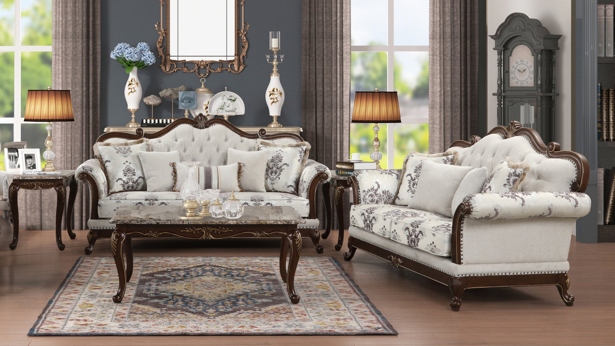 Gloria Traditional Style 2Pc Button Tufted Living Room Set White Primary Living Space Traditional Wood 5 Seat