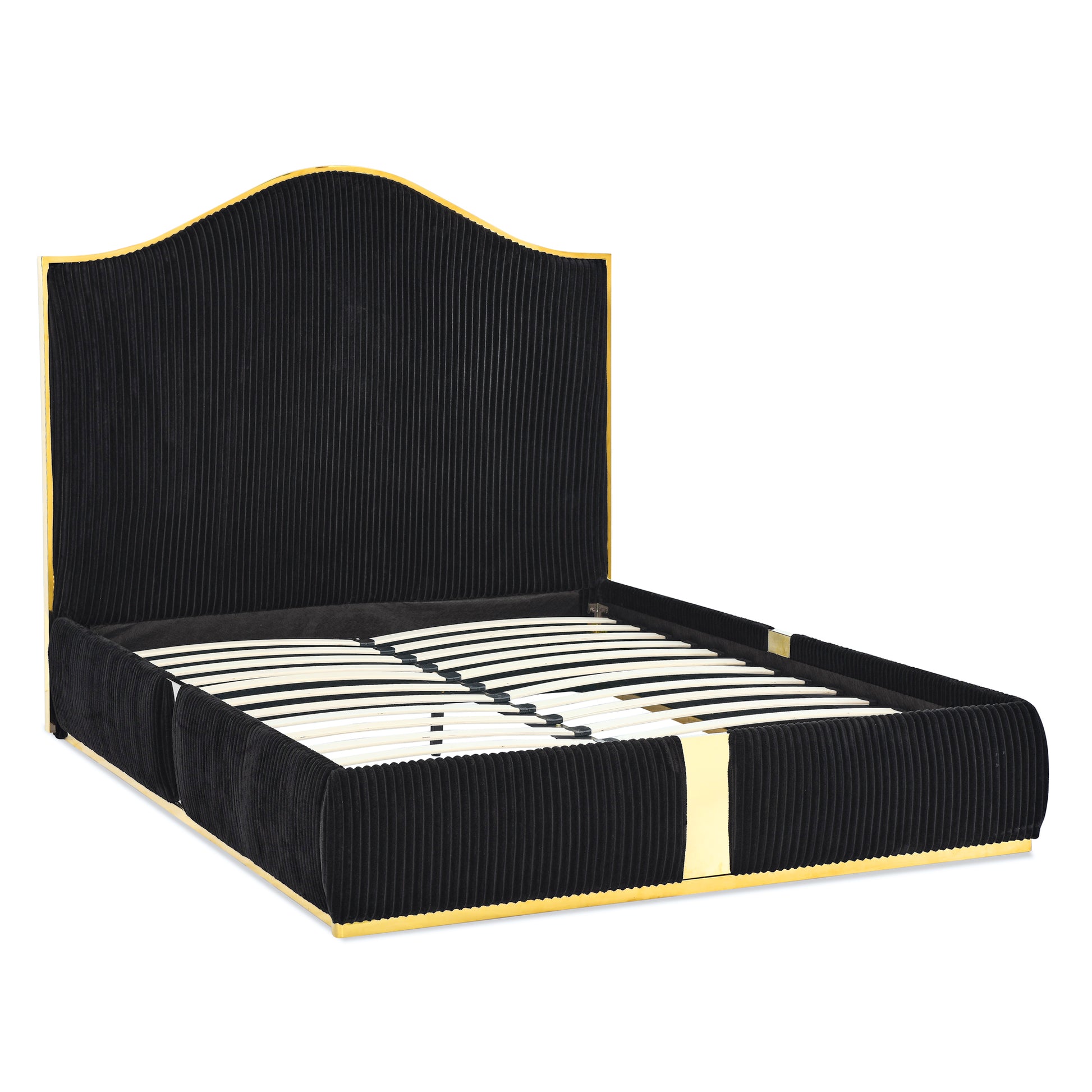 Corduroy Upholstered Bed Frame Queen Size 59.5" Tall Headboard Queen Bed Frame Metal Decoration No Box Spring Needed Box Spring Not Required Queen Black Wood Bedroom Eucalyptus Velvet Upholstered