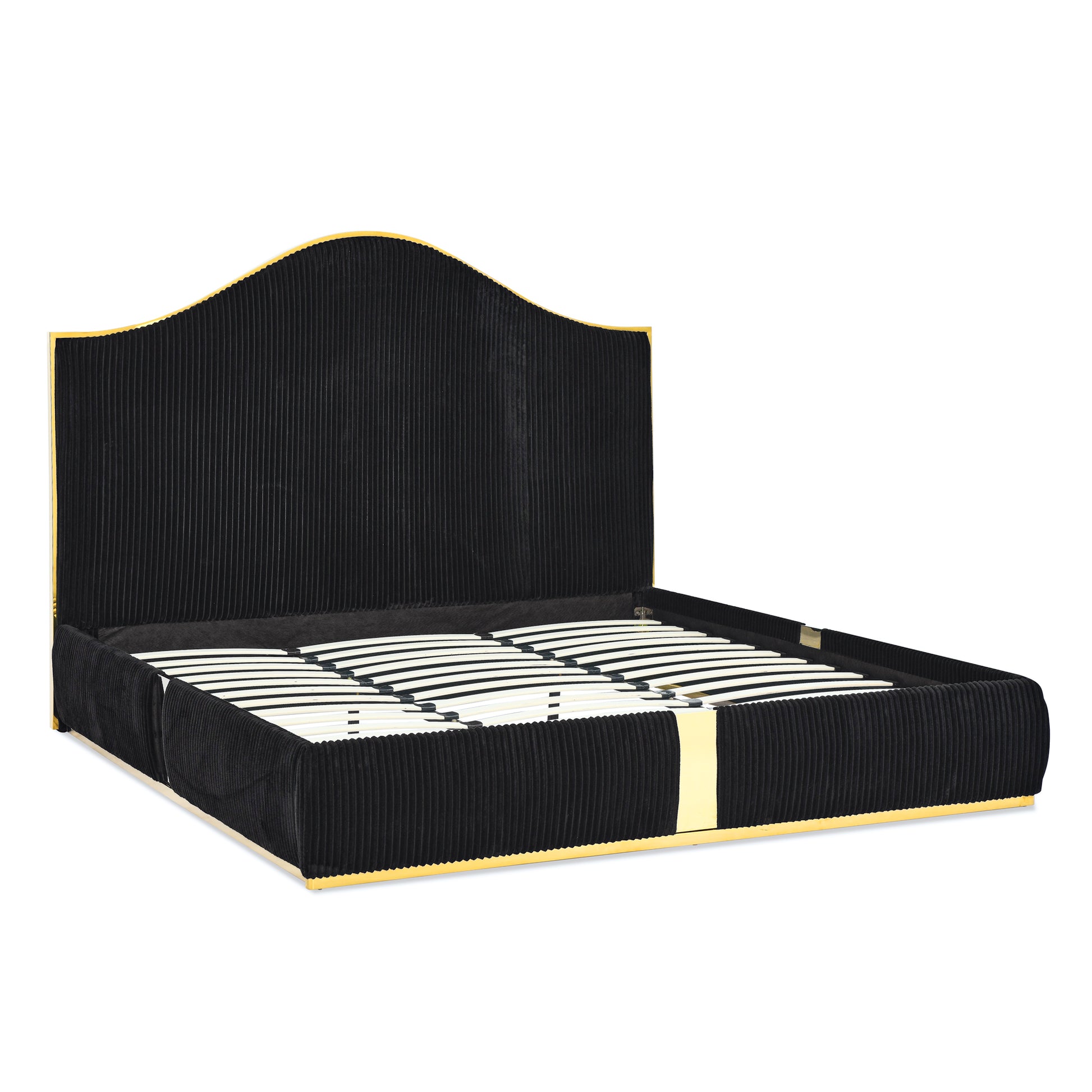 Corduroy Upholstered Bed Frame King Size 59.5" Tall Headboard Queen Bed Frame Metal Decoration No Box Spring Needed Box Spring Not Required King Black Wood Bedroom Eucalyptus Velvet Upholstered