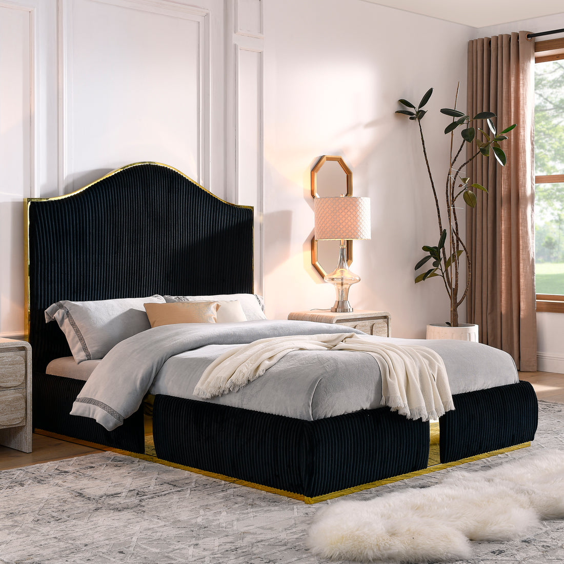 Corduroy Upholstered Bed Frame Queen Size 59.5" Tall Headboard Queen Bed Frame Metal Decoration No Box Spring Needed Box Spring Not Required Queen Black Wood Bedroom Eucalyptus Velvet Upholstered