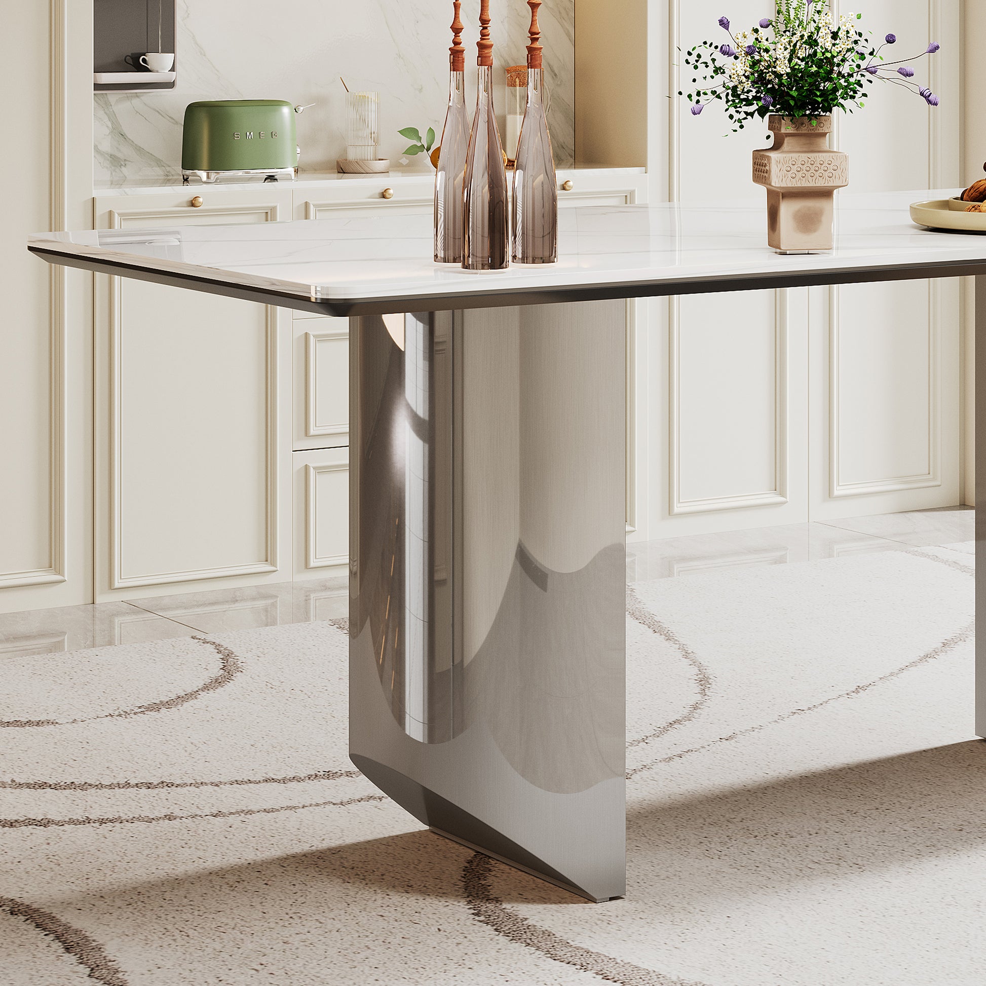 0.47" Thick Sintered Stone Composite Tempered Glass Top Dining Table With Stainless Steel Base Silver Sintered Stone