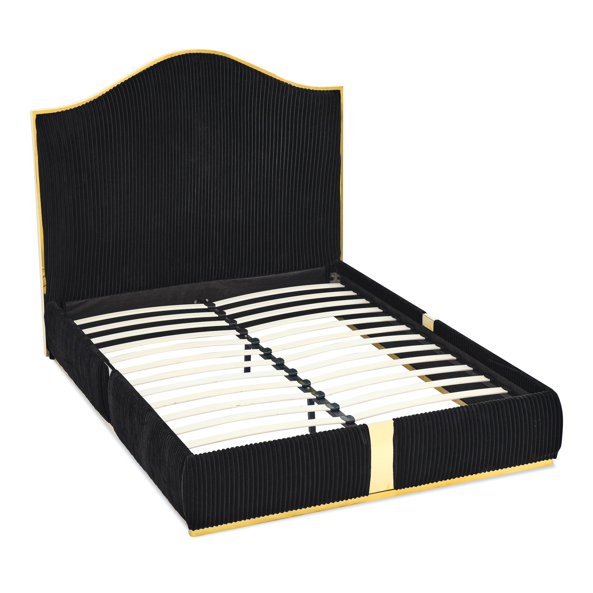 Corduroy Upholstered Bed Frame Queen Size 59.5" Tall Headboard Queen Bed Frame Metal Decoration No Box Spring Needed Box Spring Not Required Queen Black Wood Bedroom Eucalyptus Velvet Upholstered