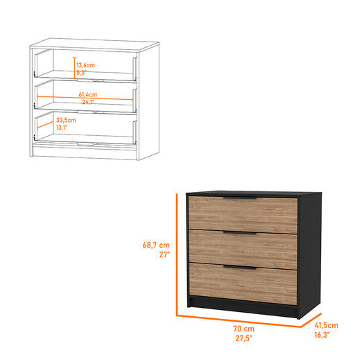 Washington Three Drawer Dresser Multicolor American Design,Industrial,Modern Pine Engineered Wood