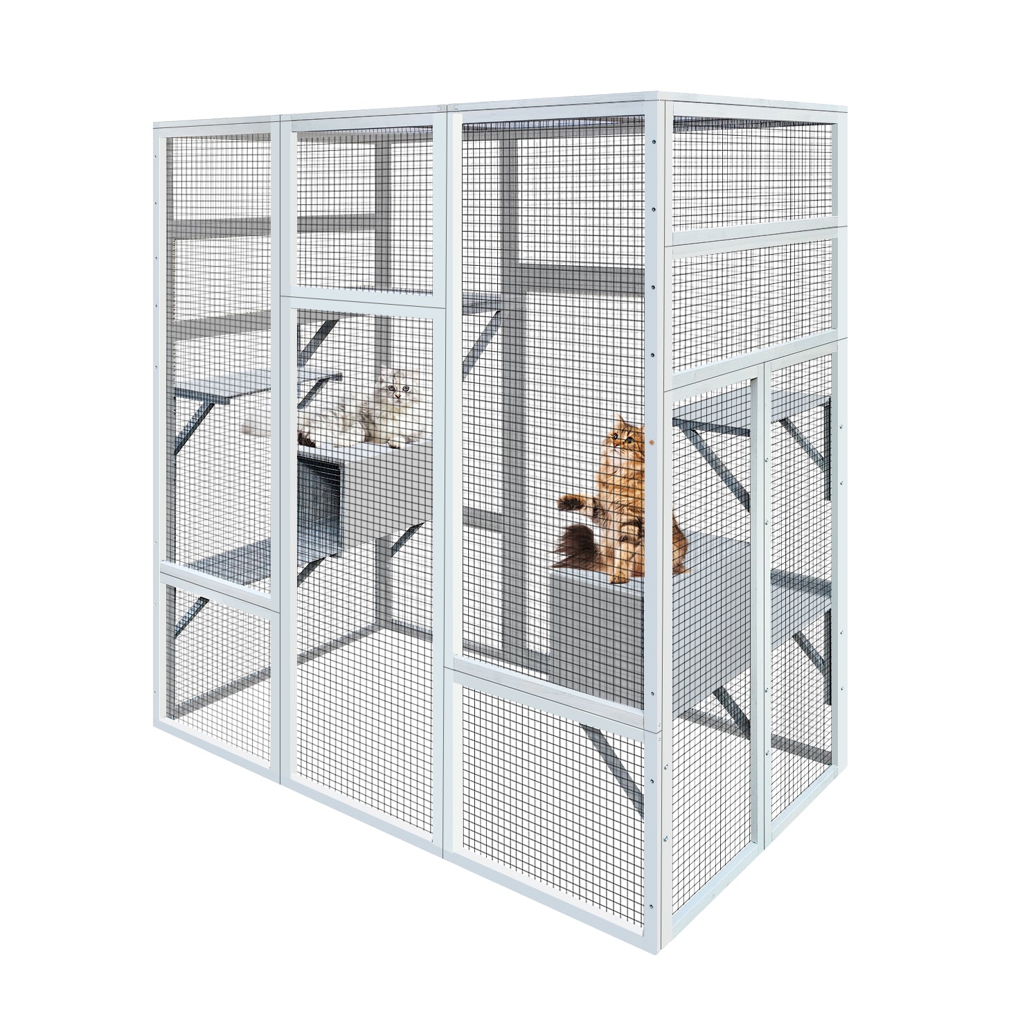 62.6" Wooden Cat House Large Catio, Solid Wood Cat Cage Shelter Enclosure Playpen With Anti Uv& Waterproof, 7 Platforms And 2 Resting Boxes Gray Wood