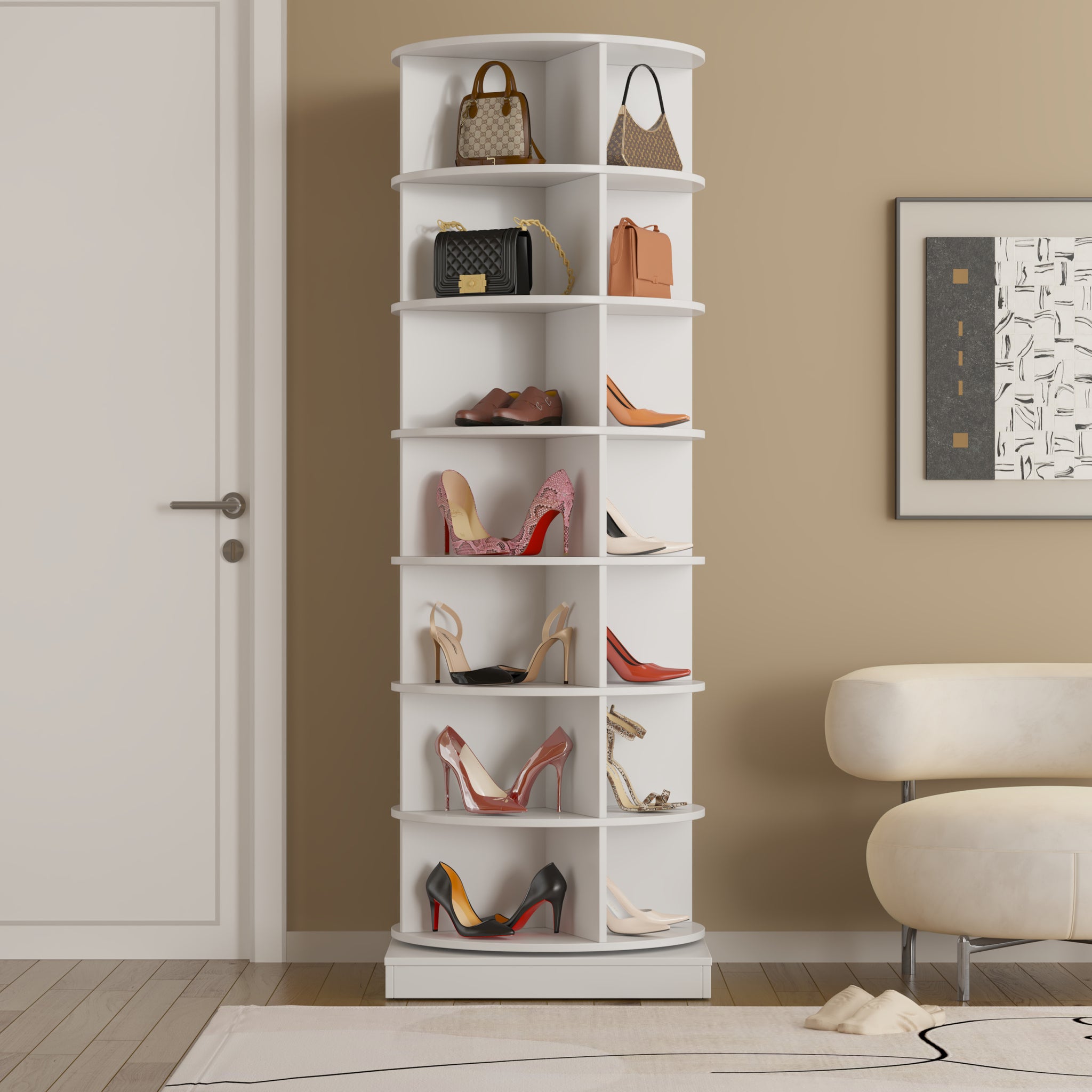 360 Rotating Shoe Cabinet 7 Layers Holds Up To 28 Paris Of Shoes White Melamine