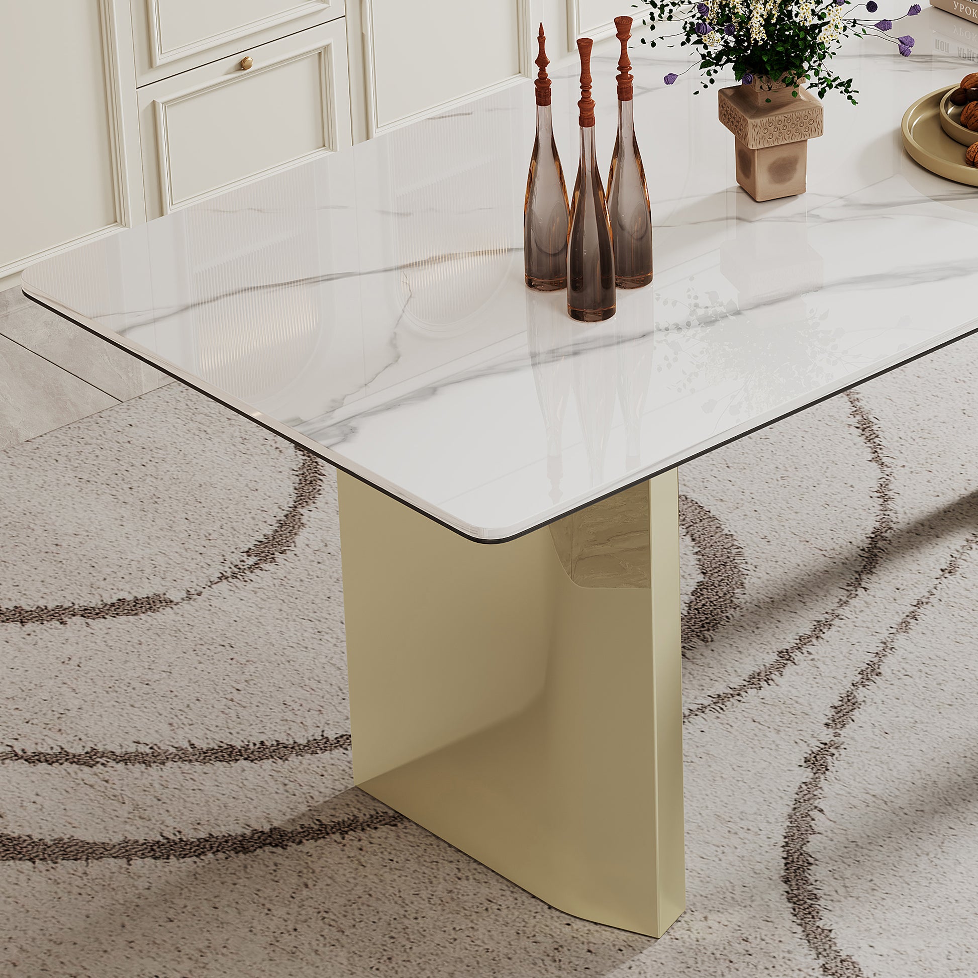 0.47" Thick Sintered Stone Composite Tempered Glass Top Rectangular Dining Table With Stainless Steel Base Gold Sintered Stone