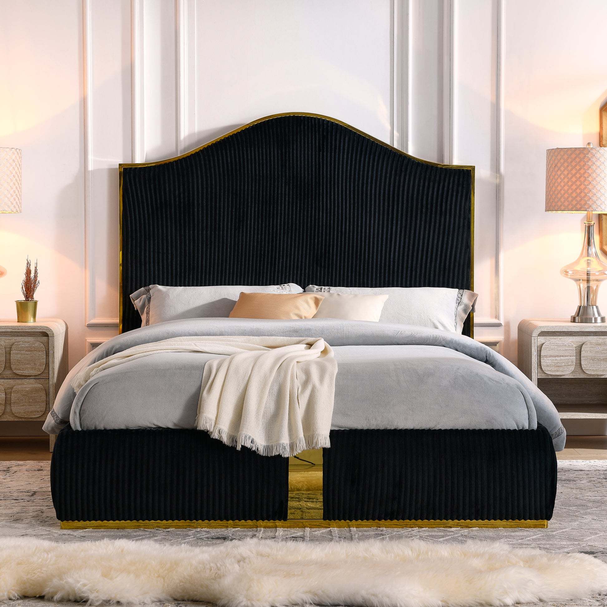 Corduroy Upholstered Bed Frame Queen Size 59.5" Tall Headboard Queen Bed Frame Metal Decoration No Box Spring Needed Box Spring Not Required Queen Black Wood Bedroom Eucalyptus Velvet Upholstered