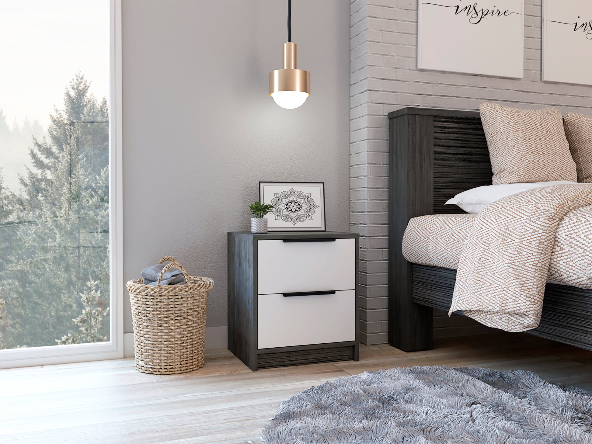 Washington Nightstand, Two Large Drawers Multicolor Bedroom American Design,Contemporary,Industrial,Modern Pine Engineered Wood