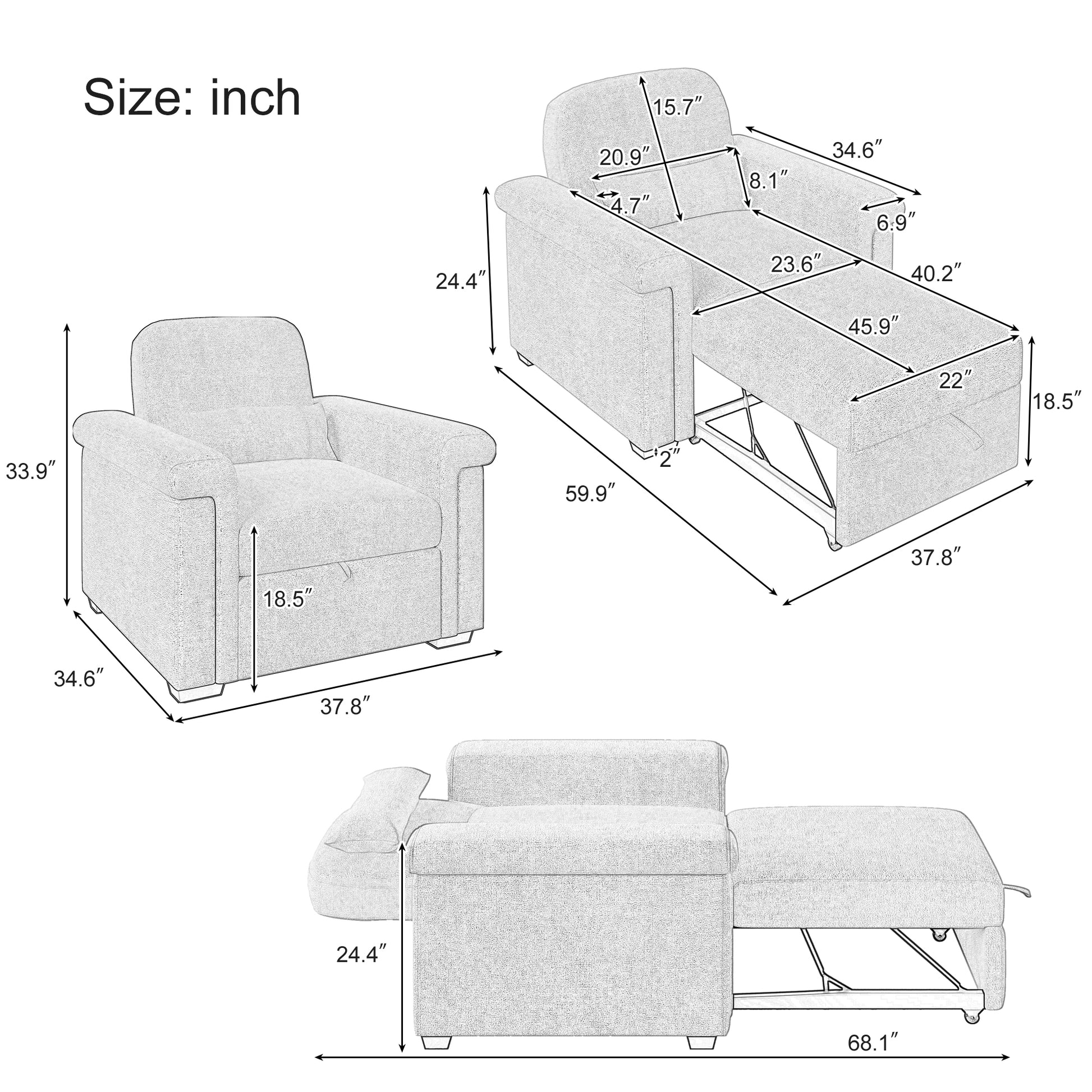 3 In 1 Convertible Sleeper Chair Sofa Bed Pull Out Couch Adjustable Chair With Pillow, Adjust Backrest Into A Sofa, Lounger Chair, Single Bed Or Living Room Or Apartment, Dark Blue Dark Blue Polyester
