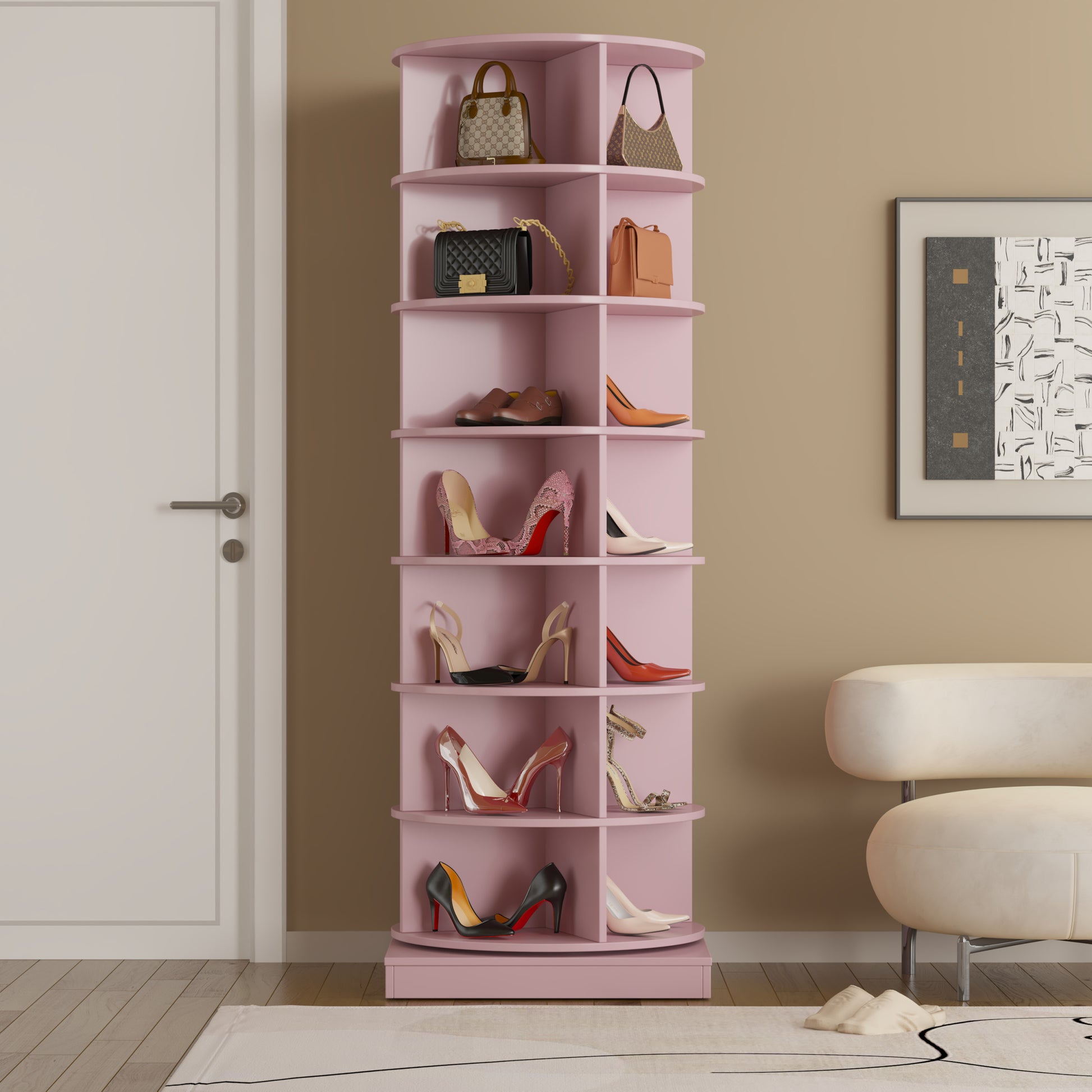 360 Pink Rotating Shoe Cabinet With 7 Layers Can Accommodate Up To 28 Paris Shoes Round 5 Or More Shelves Pink Corner Unit Primary Living Space American Design,American Traditional,Antique Plywood