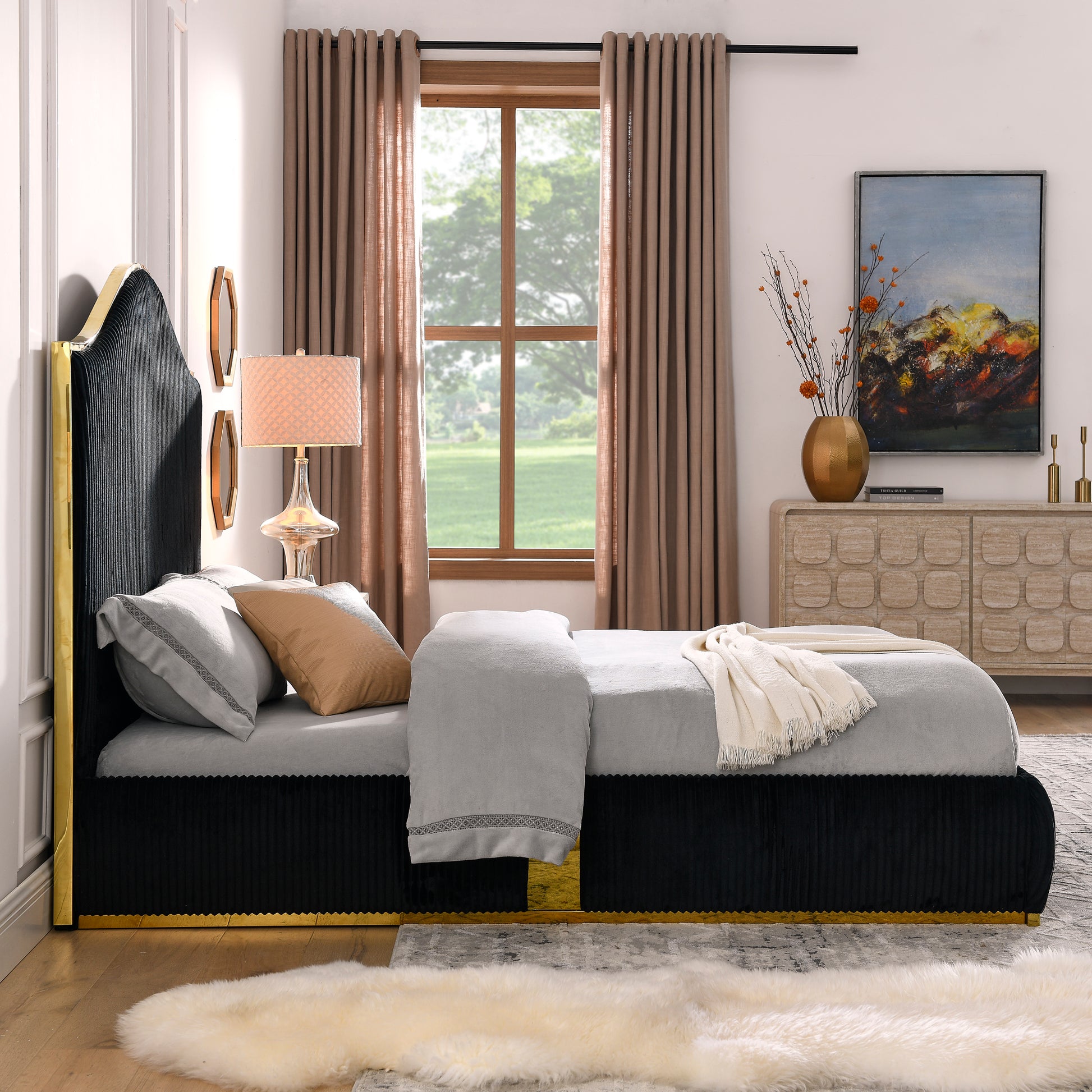 Corduroy Upholstered Bed Frame Queen Size 59.5" Tall Headboard Queen Bed Frame Metal Decoration No Box Spring Needed Box Spring Not Required Queen Black Wood Bedroom Eucalyptus Velvet Upholstered