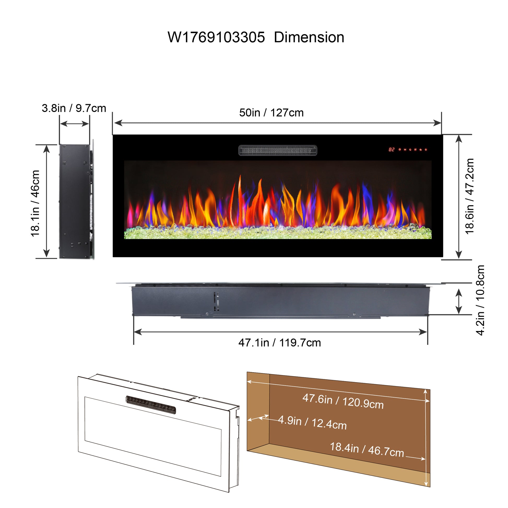 50 Inch Recessed Ultra Thin Tempered Glass Front Wall Mounted Electric Fireplace With Remote And Multi Color Flame & Emberbed, Led Light Heater Antique Black Tempered Glass Sheet Metal Plastic