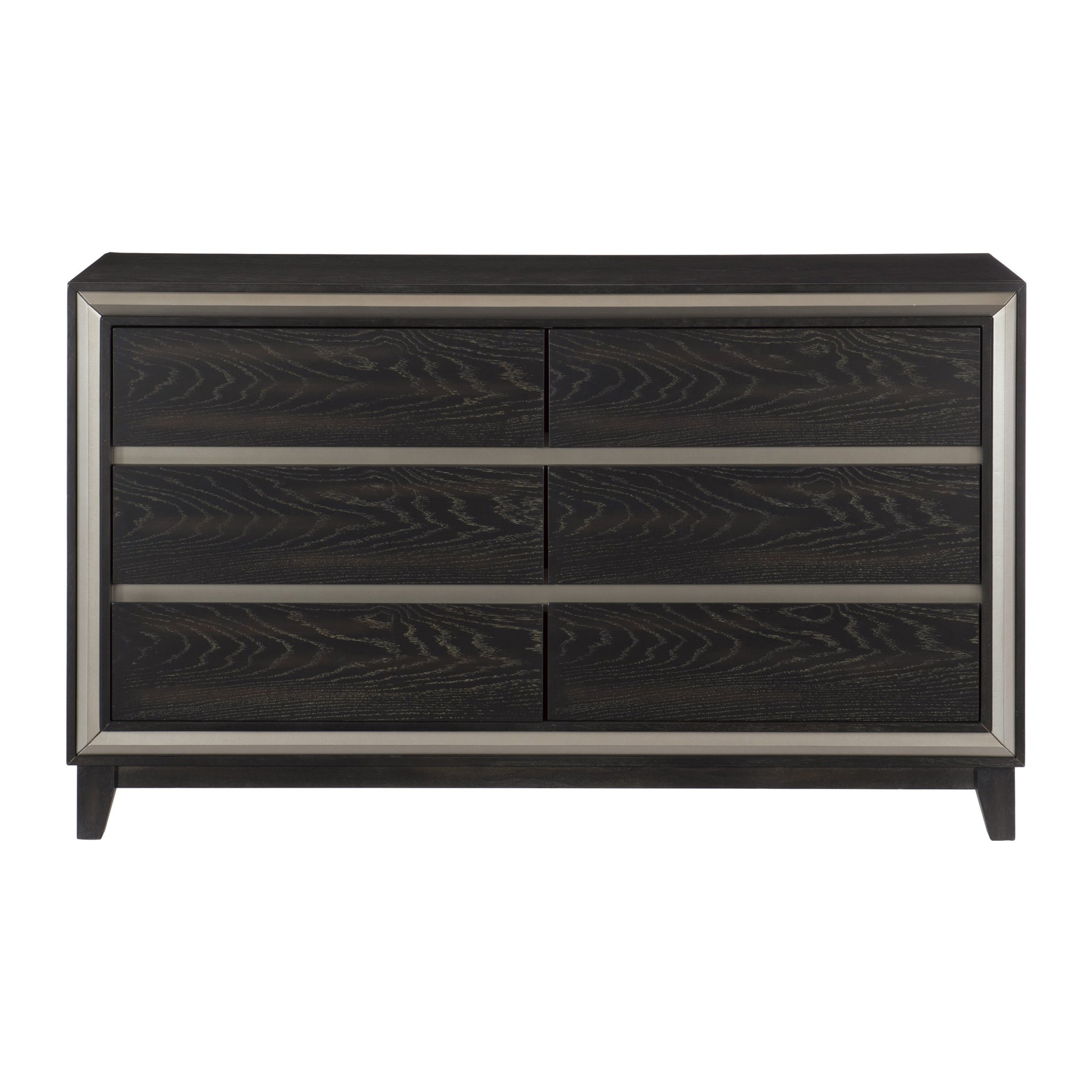 Modern Bedroom 1Pc Dresser Of 6 Drawers Grooves Cutouts Pulls Ebony Finish And Silver Contemporary Wooden Furniture Ebony Bedroom Contemporary,Modern Wood