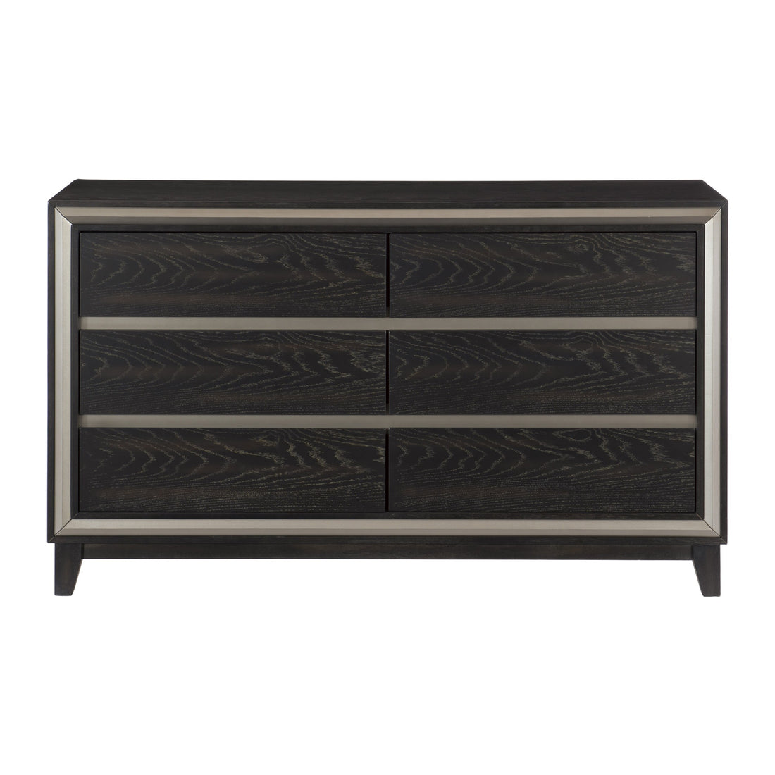 Modern Bedroom 1Pc Dresser Of 6 Drawers Grooves Cutouts Pulls Ebony Finish And Silver Contemporary Wooden Furniture Ebony Bedroom Contemporary,Modern Wood