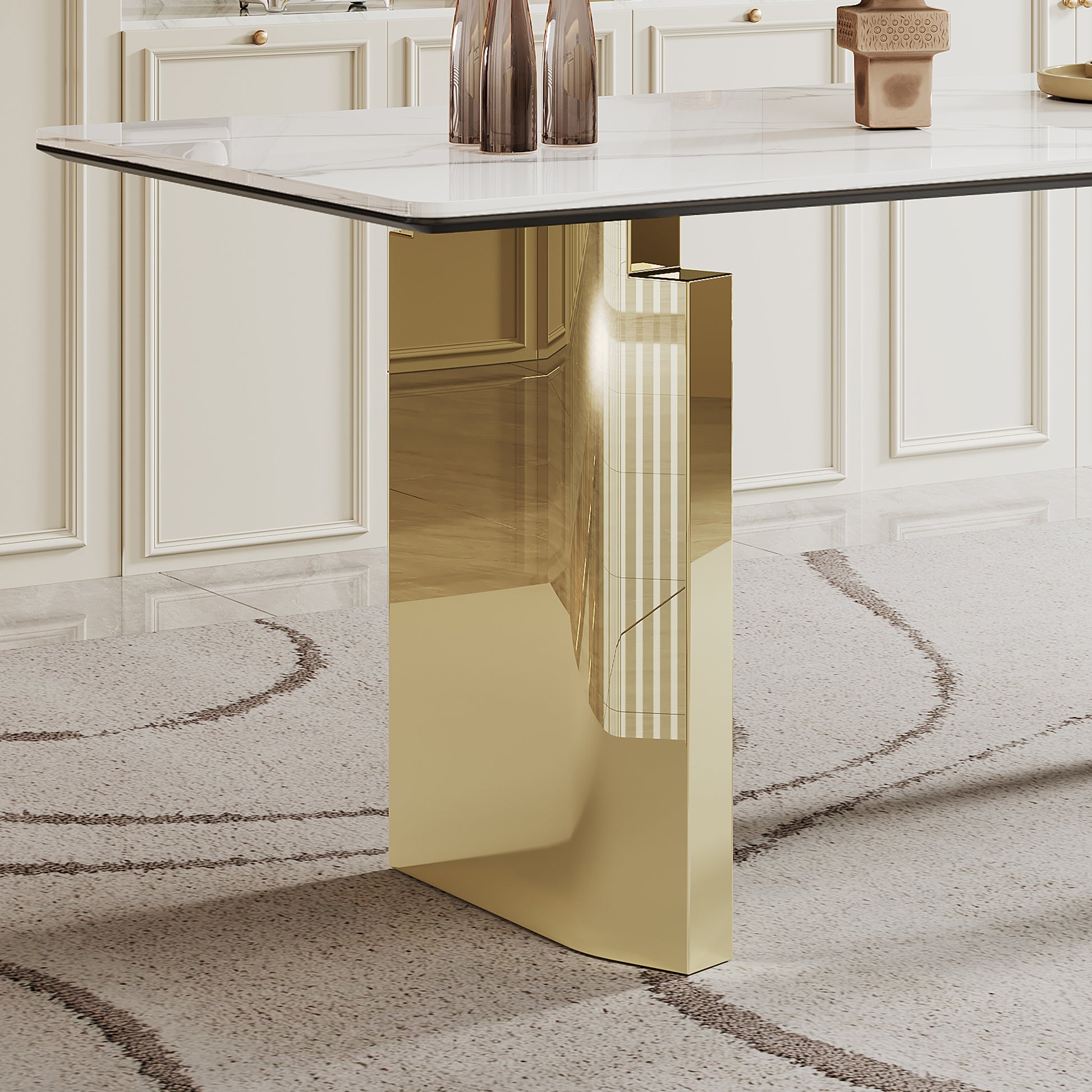 0.47" Thick Sintered Stone Composite Tempered Glass Top Rectangular Dining Table With Stainless Steel Base Gold Sintered Stone