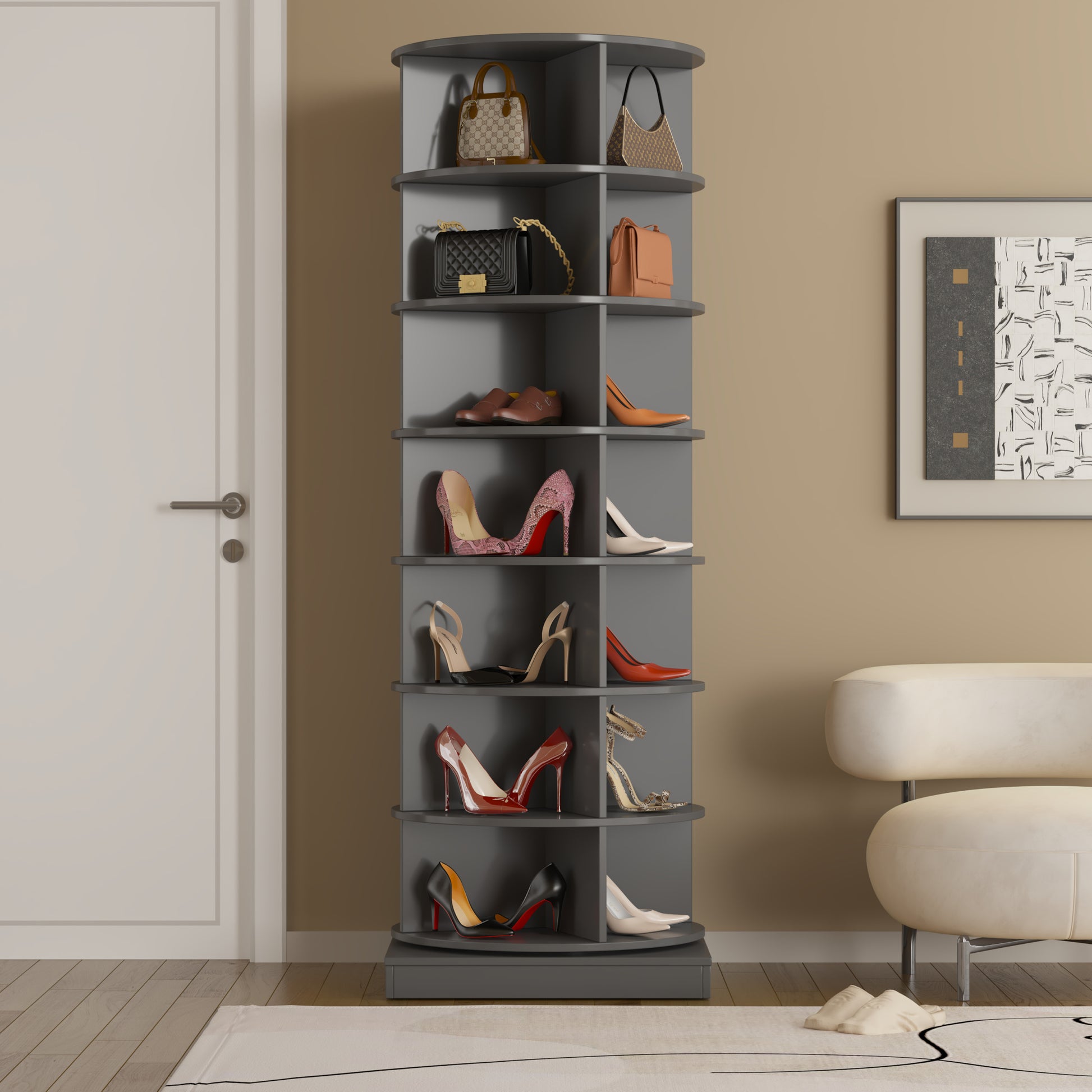 360 Gray Rotating Shoe Cabinet With 7 Layers Can Accommodate Up To 28 Paris Shoes Gray American Design,American Traditional,Antique,Art Deco,Artsy Melamine