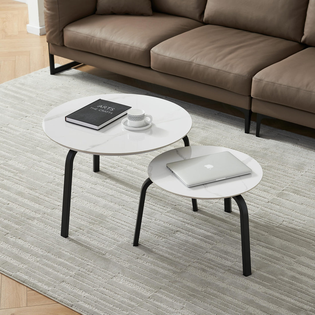 Coffee Table Nesting White Set Of 2, Side Set Black Frame Circular And Marble Tables, Living Room Bedroom Apartment Modern Simple Accent Tea Table Nightstand, Easy Assembly Black Metal Stone