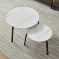 Coffee Table Nesting White Set Of 2, Side Set Black Frame Circular And Marble Tables, Living Room Bedroom Apartment Modern Simple Accent Tea Table Nightstand, Easy Assembly Black Metal Stone