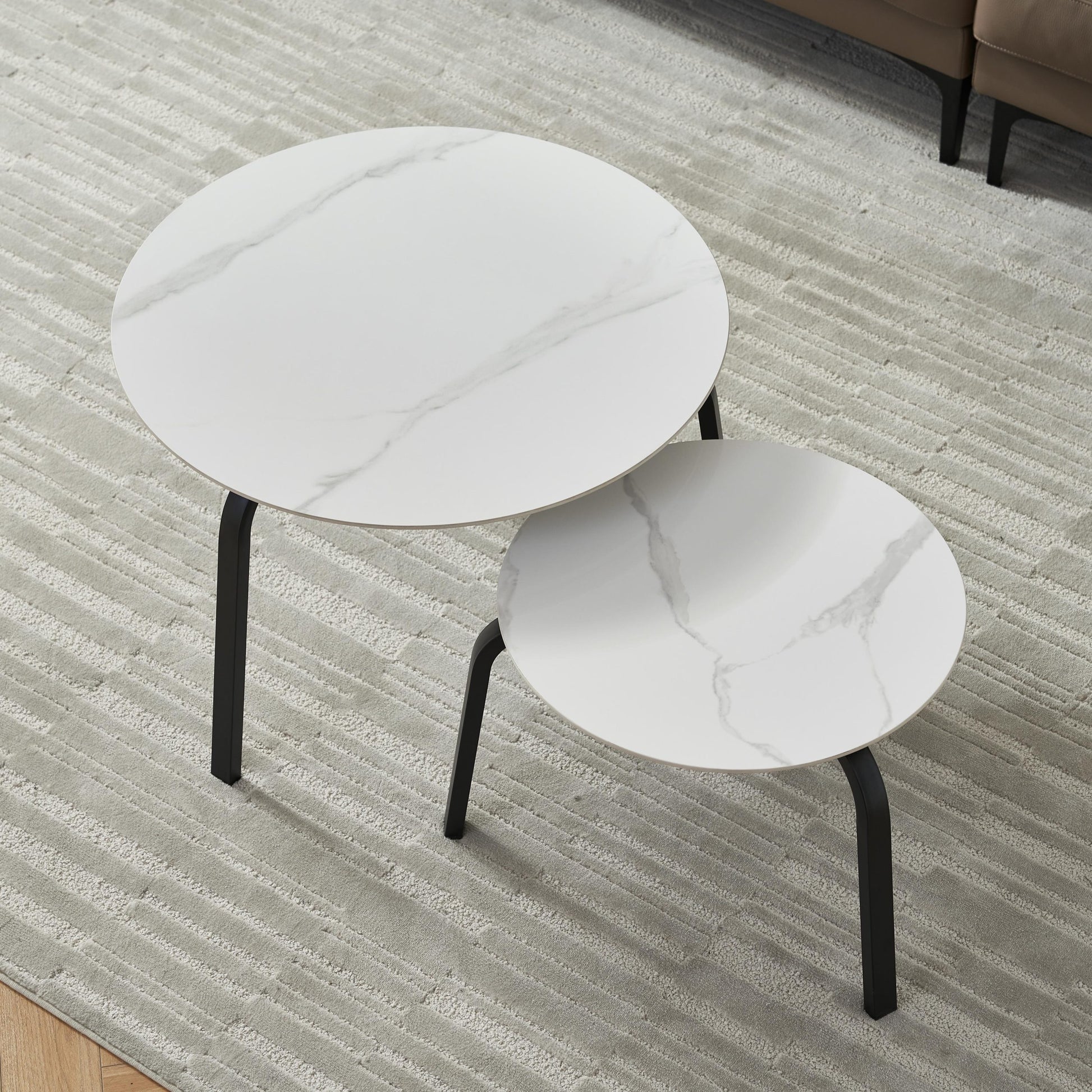 Coffee Table Nesting White Set Of 2, Side Set Black Frame Circular And Marble Tables, Living Room Bedroom Apartment Modern Simple Accent Tea Table Nightstand, Easy Assembly Black Metal Stone
