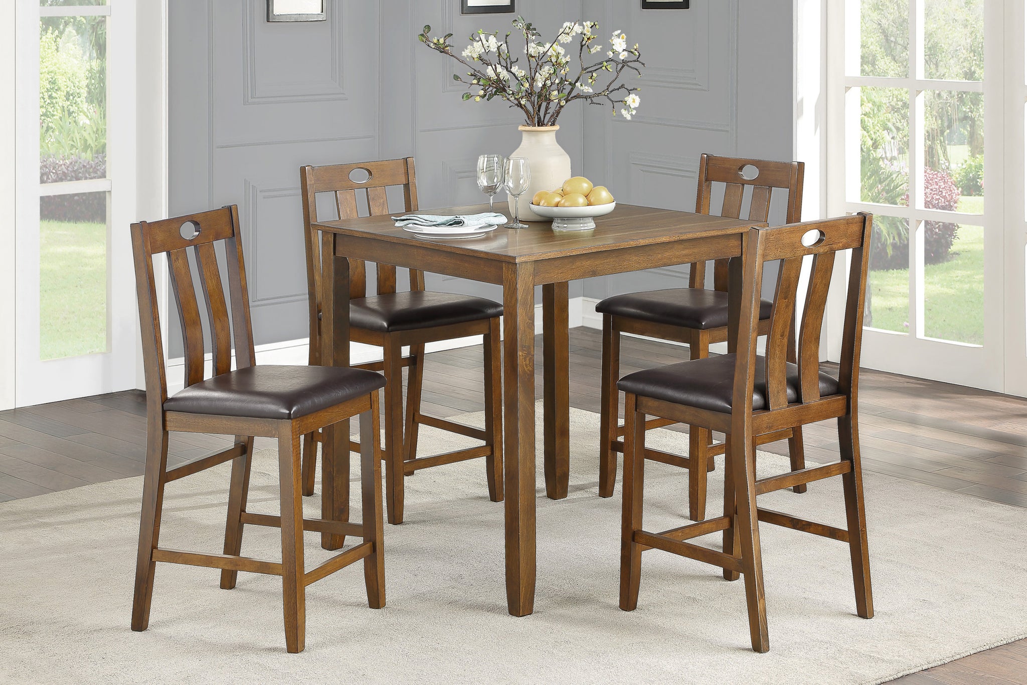 Brown Finish 5Pc Counter Height Set Dining Table And 4 Chairs Upholstered Seat Wooden Kitchen Dining Furniture Set Transitional Style Wood Wood Brown Seats 4 Wood Dining Room 36 Inches Transitional 4 Leg Square Dining Table With Chair Wood