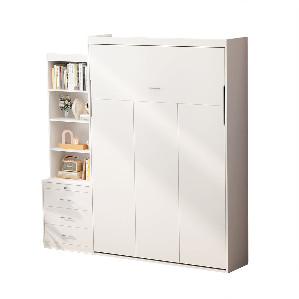 Morden Deisgn Full Size Vertical Murphy Bed With Shelf And Drawers For Bedroom Or Guestroom White Wall Bed Space Saving Hidden Bed With Style Gas Struts Box Spring Not Required Full White Metal White Bedroom American Design,European,Modern Murphy Plywood