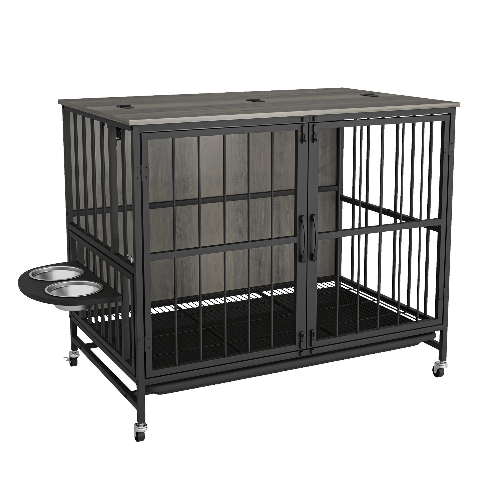 Modern Kennel Dogs Room Up To 60 Lb, Dog Crate Furniture With Multi Purpose Rremovable Ttray, Double Door Dog House, Lift Panel, 360 Degree Rotation 3 Height Adjustable Feeding Bowls Grey Antique Gray Mid Century Modern,Minimalist Dog Particle Board