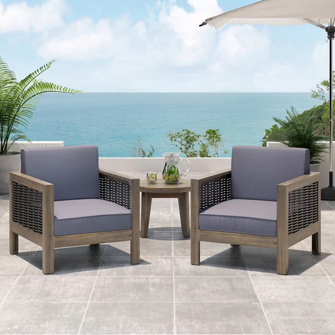 Set Of 2, Outdoor Acacia Wood Club Chair With Wicker Accents, Gray Mixed Gray Brown, 30.25"D X 27.5"W X 23.75"H Gray Acacia Wood