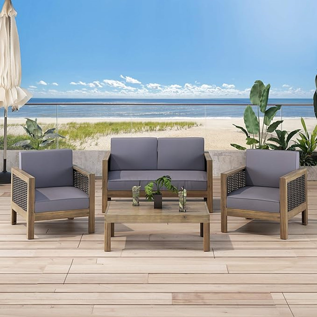 Outdoor 4 Seater Acacia Wood Chat Set With Wicker Accents And Cushions, Gray Mixed Gray Dark Gray Gray Acacia Wood