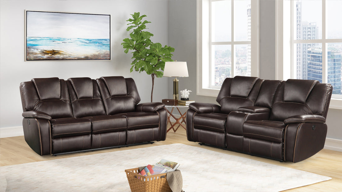 Hong Kong 2 Piece Power Reclining Sofa Set Made With Faux Leather In Brown Brown Faux Leather Metal Primary Living Space Medium Soft Cushion Back Contemporary,Modern Solid Wood Mdf Wood 5 Seat