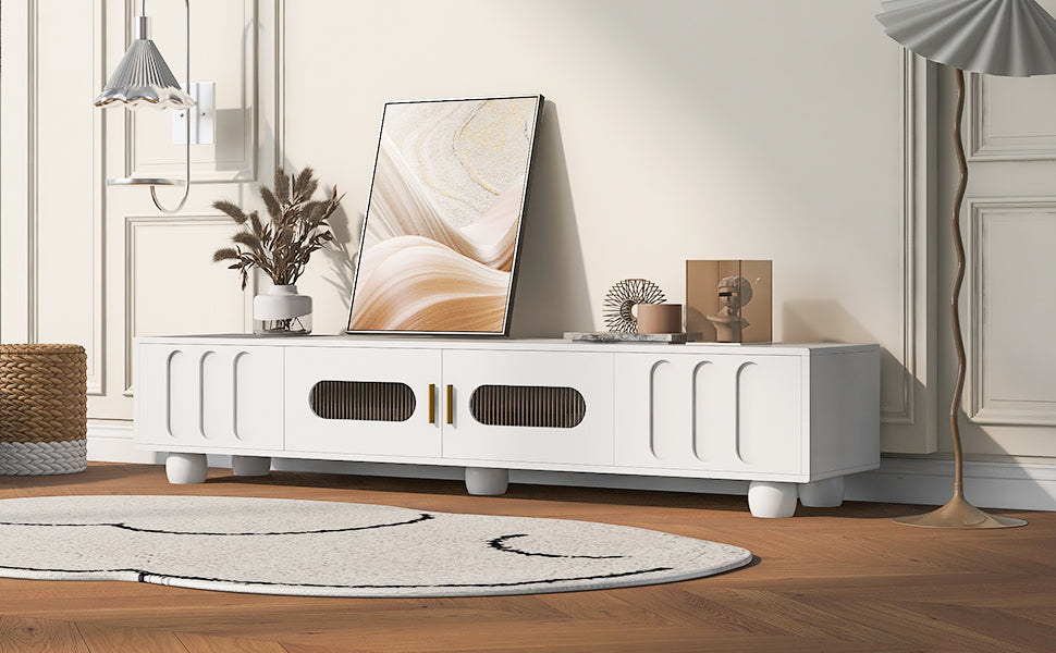 Modern Tv Stand For Tvs Up To 80 Inches, Entertainment Center With Glass Door, 2 Drawers And Cabinets, Wood Tv Storage Cabinet With Solid Wood Legs And Metal Handles For Living Room White Mdf