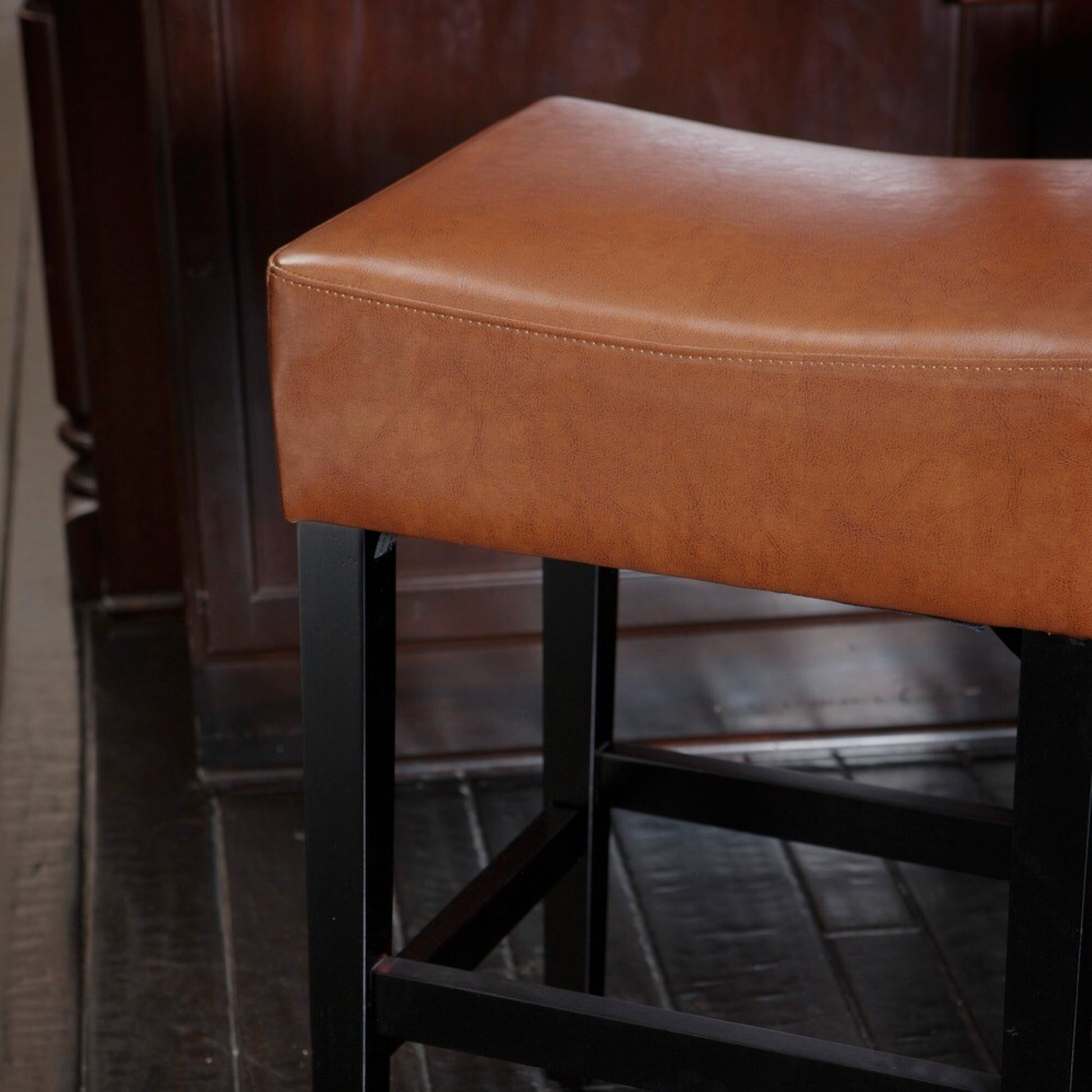 Set Of 2, 26.75" Backless Leather Counter Height Barstool, Brown Brown Leather