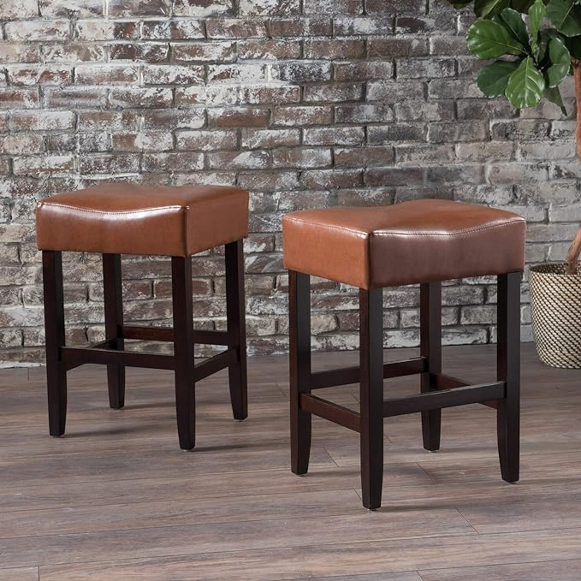 Set Of 2, 26.75" Backless Leather Counter Height Barstool, Brown Brown Leather