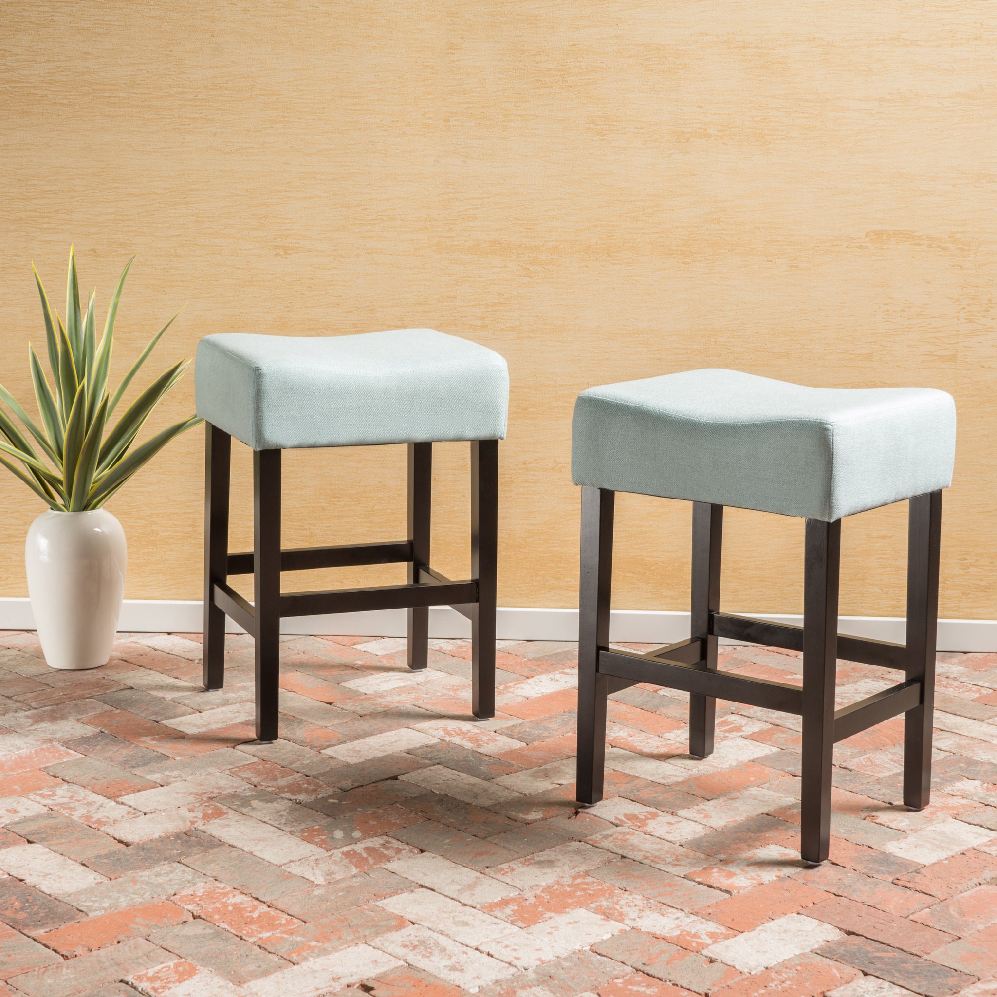 Set Of 2, 26.75" Backless Leather Counter Height Barstool, Light Blue Light Blue Fabric