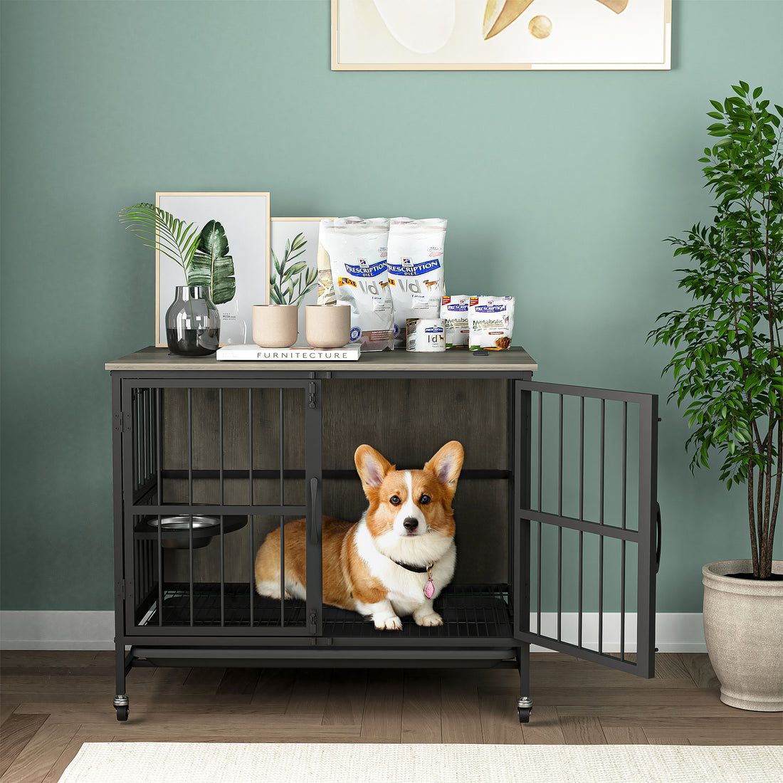 Modern Kennel Dogs Room Up To 60 Lb, Dog Crate Furniture With Multi Purpose Rremovable Ttray, Double Door Dog House, Lift Panel, 360 Degree Rotation 3 Height Adjustable Feeding Bowls Grey Antique Gray Mid Century Modern,Minimalist Dog Particle Board