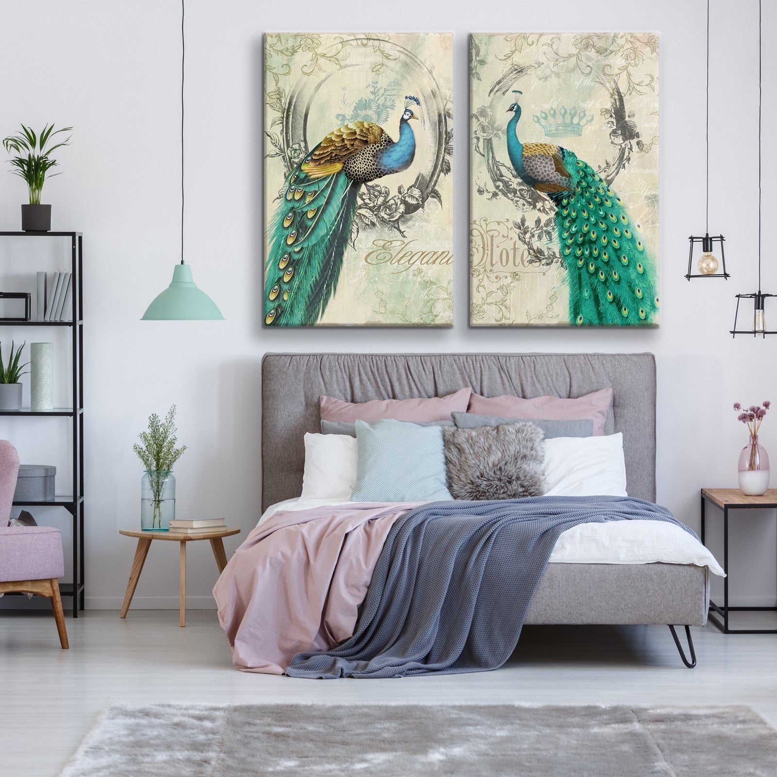 2 Panels Framed Elegant Green Peacock Canvas Wall Art Decor,2 Pieces Mordern Canvas Decoration Painting For Office,Dining Room,Living Room, Bedroom Decor Ready To Hang Rectangle Framed Multicolor Oversized 41In Canvas Animals