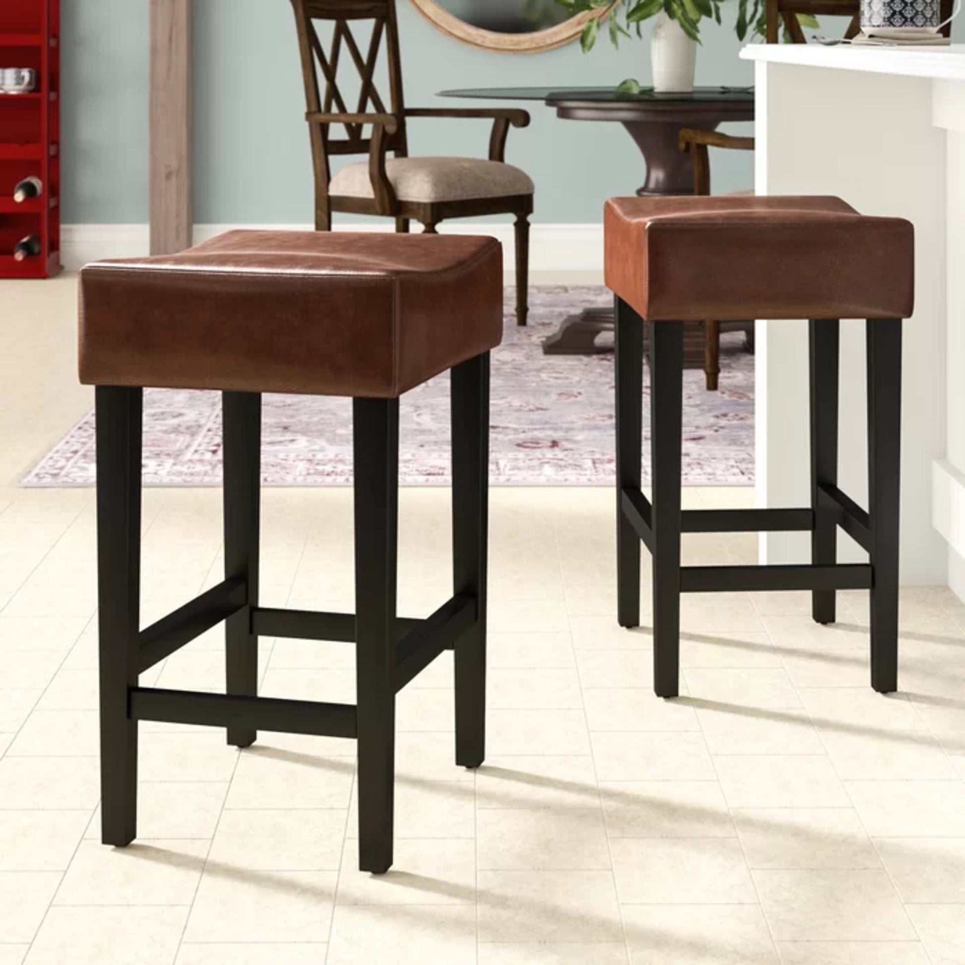 Set Of 2, 26.75" Backless Leather Counter Height Barstool, Brown Brown Leather