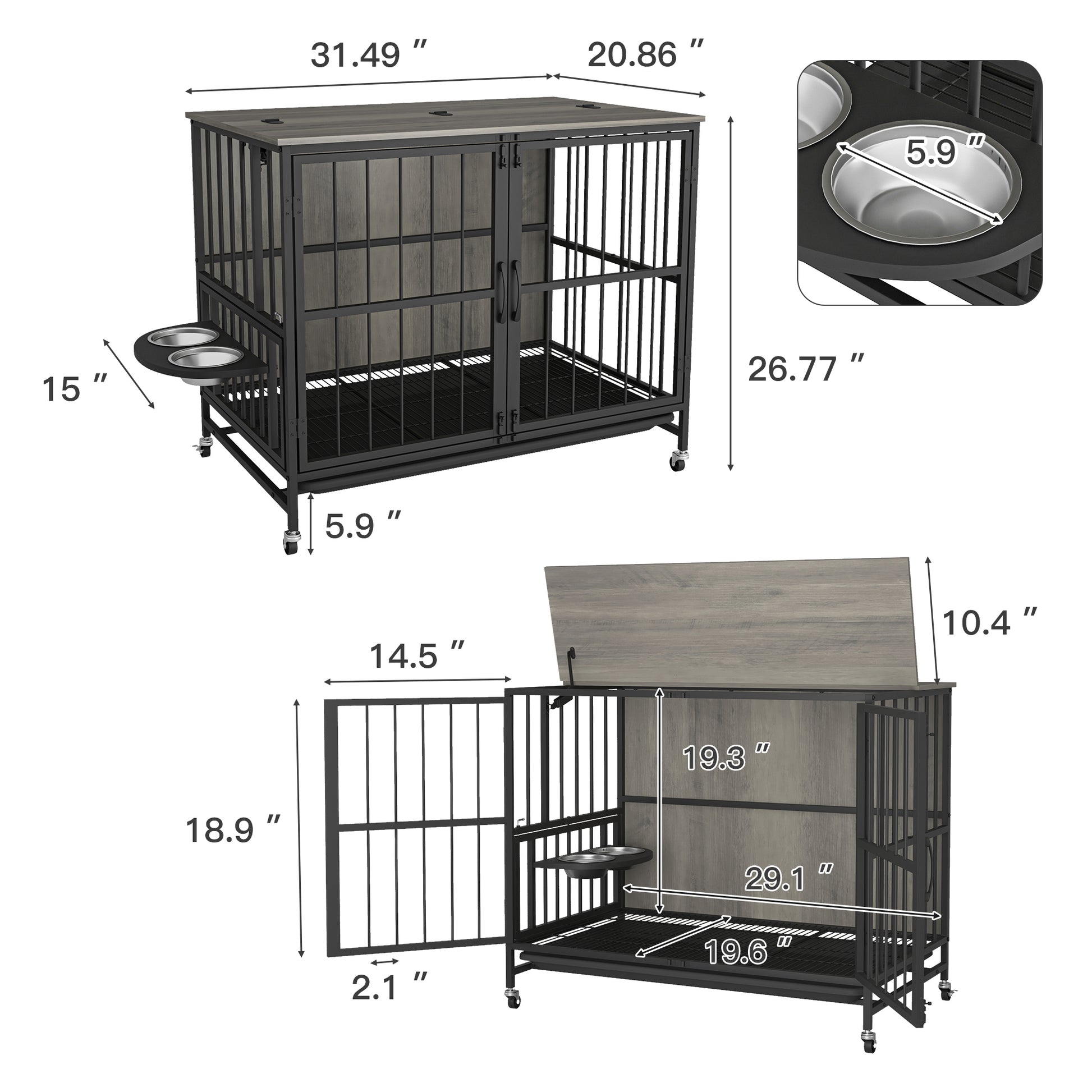 Modern Kennel Dogs Room Up To 60 Lb, Dog Crate Furniture With Multi Purpose Rremovable Ttray, Double Door Dog House, Lift Panel, 360 Degree Rotation 3 Height Adjustable Feeding Bowls Grey Antique Gray Mid Century Modern,Minimalist Dog Particle Board